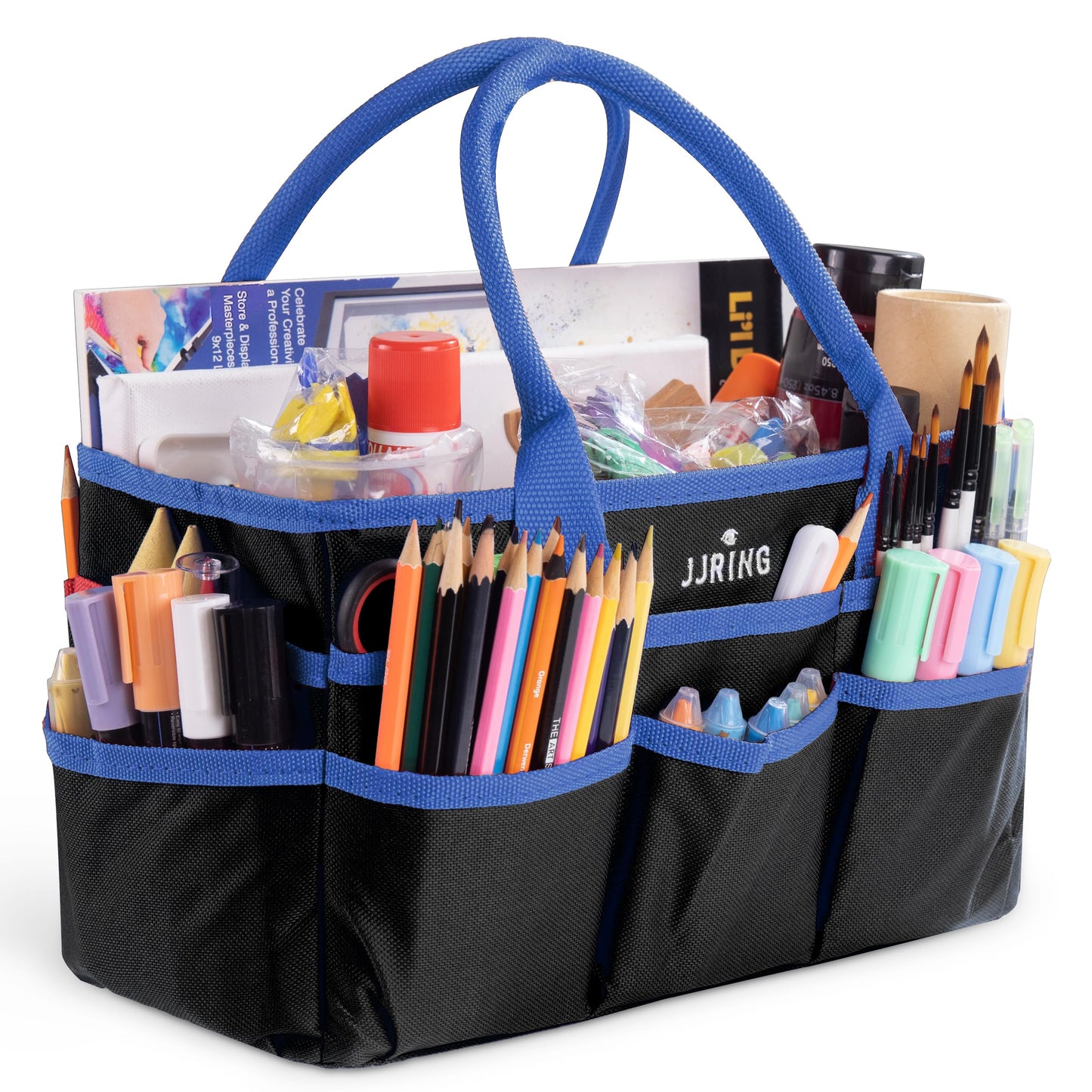 JJRING Craft and Art Organizer Tote Bag - 600D Blue Nylon Fabric Art Caddy with Pockets - for Art, Craft, Sewing, Medical, and Office Supplies Storage