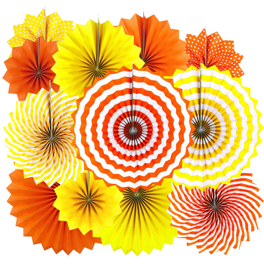 Orange Fall Party Hanging Paper Fans - Thanksgiving Autumn Carnival Party Ceiling Hangings Wedding Anniversary Graduation Birthday Baby Shower Photo Booth Backdrops Decorations, 12pc