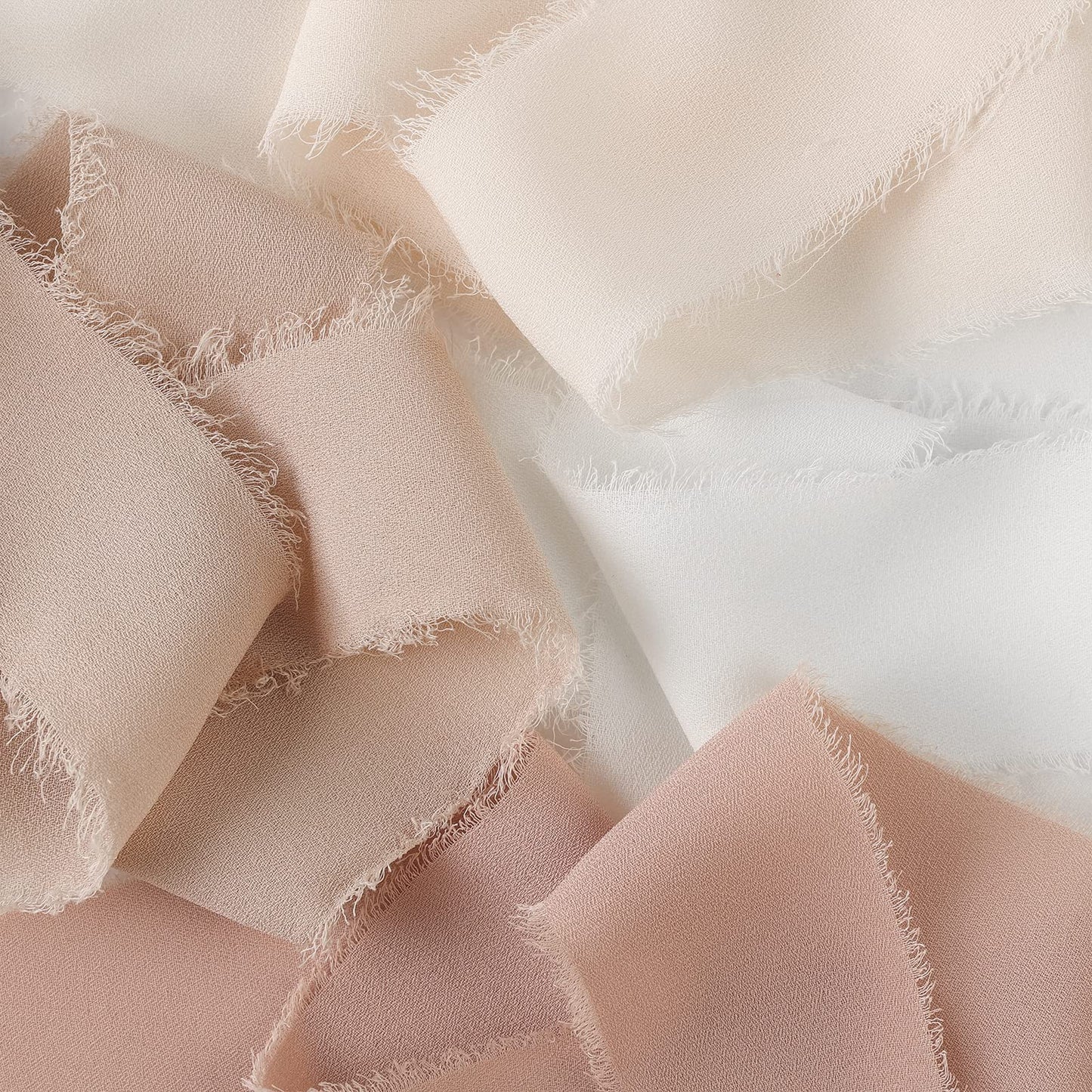 Pieaary Handmade Fringe Chiffon Silk Ribbon 4 Rolls/1" x 5Yd Per Roll,Nude & Cream Frayed Edges Ribbons Set (1"x20Yd, Nude&Cream)