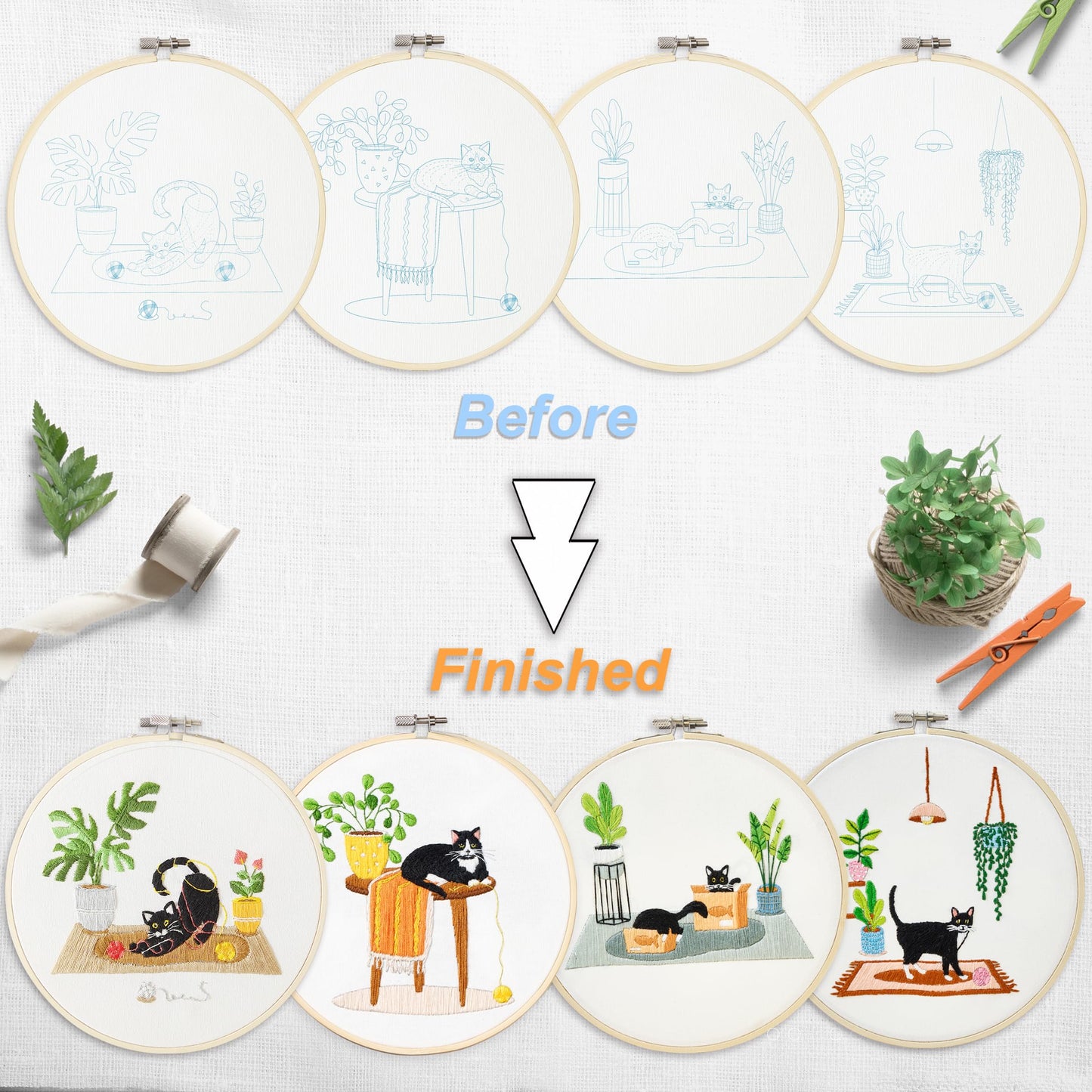 4 Sets Embroidery Set for Beginners, Art Craft, Easy Sewing, Includes Embroidery Clothing, Pattern, Embroidery Hoop, Instruction Manual, Colorful Thread Stitch Set (Cat)