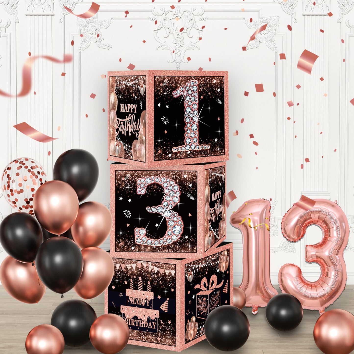 Rose Gold 13th Birthday Decorations for Girls - Official Teenager Party Supplies Include 3pcs Balloon Boxes, Number 13 Foil Balloons, Fringe Curtains, Black Pink Garland Arch Kit - Photo Prop Backdrop