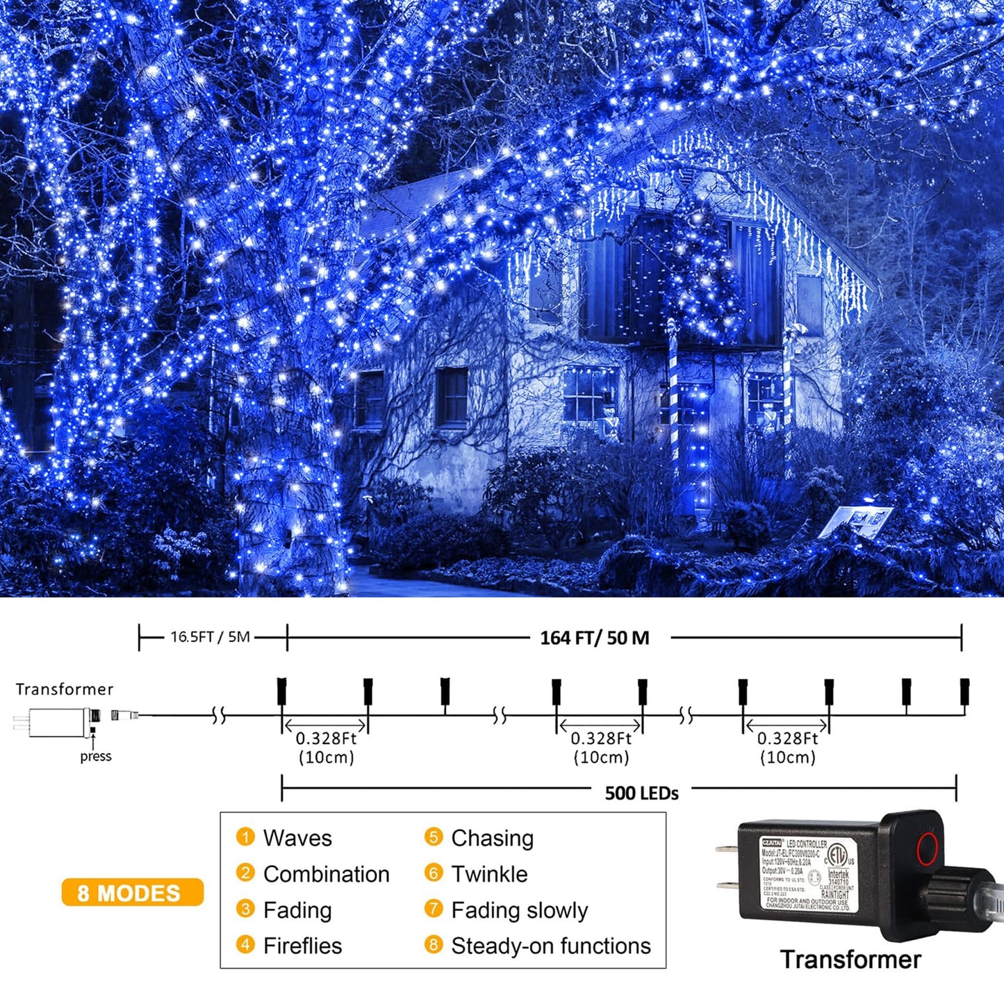 500 LED Christmas Lights, 164FT 8 Twinkle Modes Plug in Waterproof Extra Long Fairy Lights for Outdoor Christmas Tree Lights Party Garden Decorations (Blue and White)