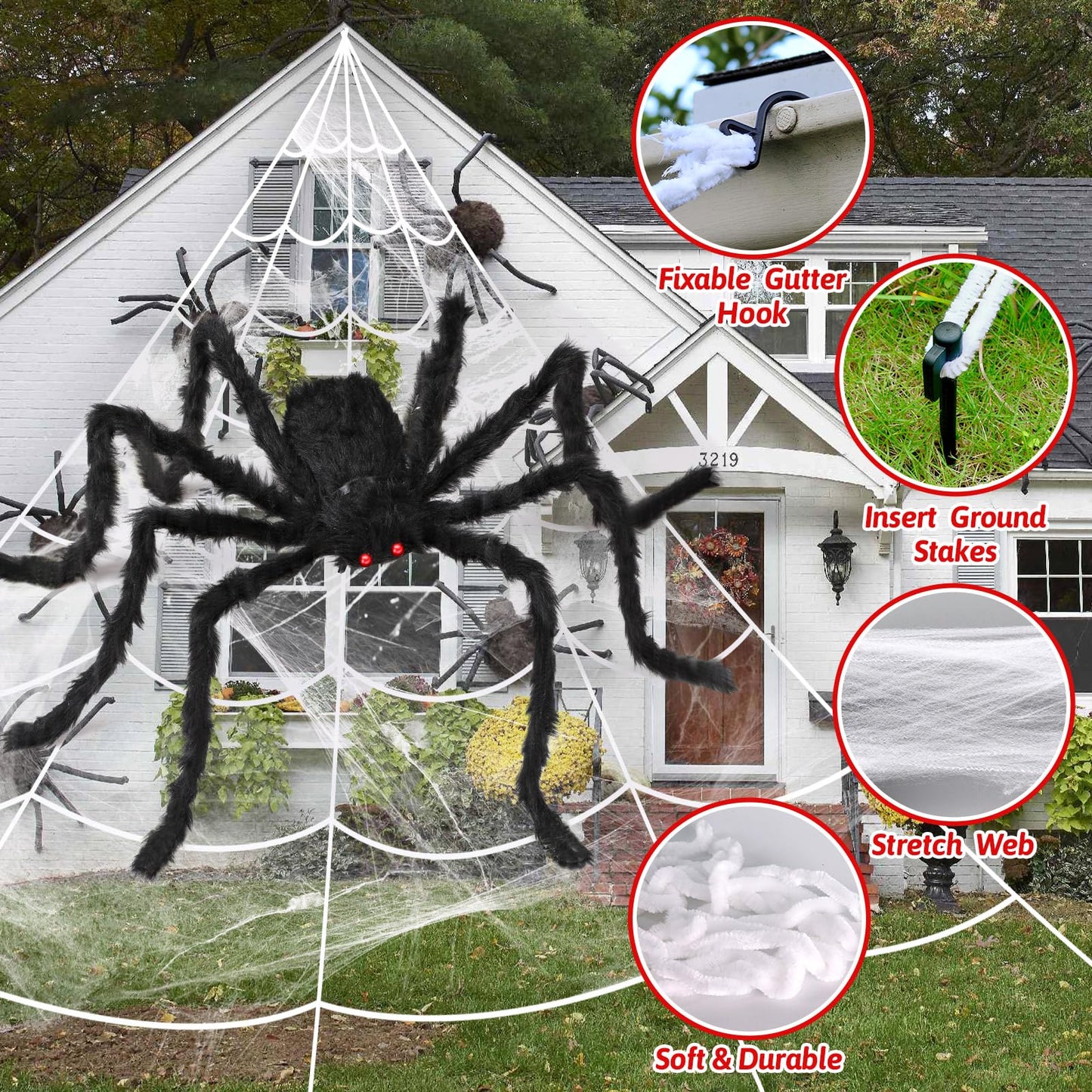 EZIGO Halloween Spider Decorations 3PCS Giant Spider Huge Spider Web Stretch Web Component of Huge Spider and Mega Spider Web Halloween Party Supplies Yard Halloween Outdoor Décor Haunted Decoration