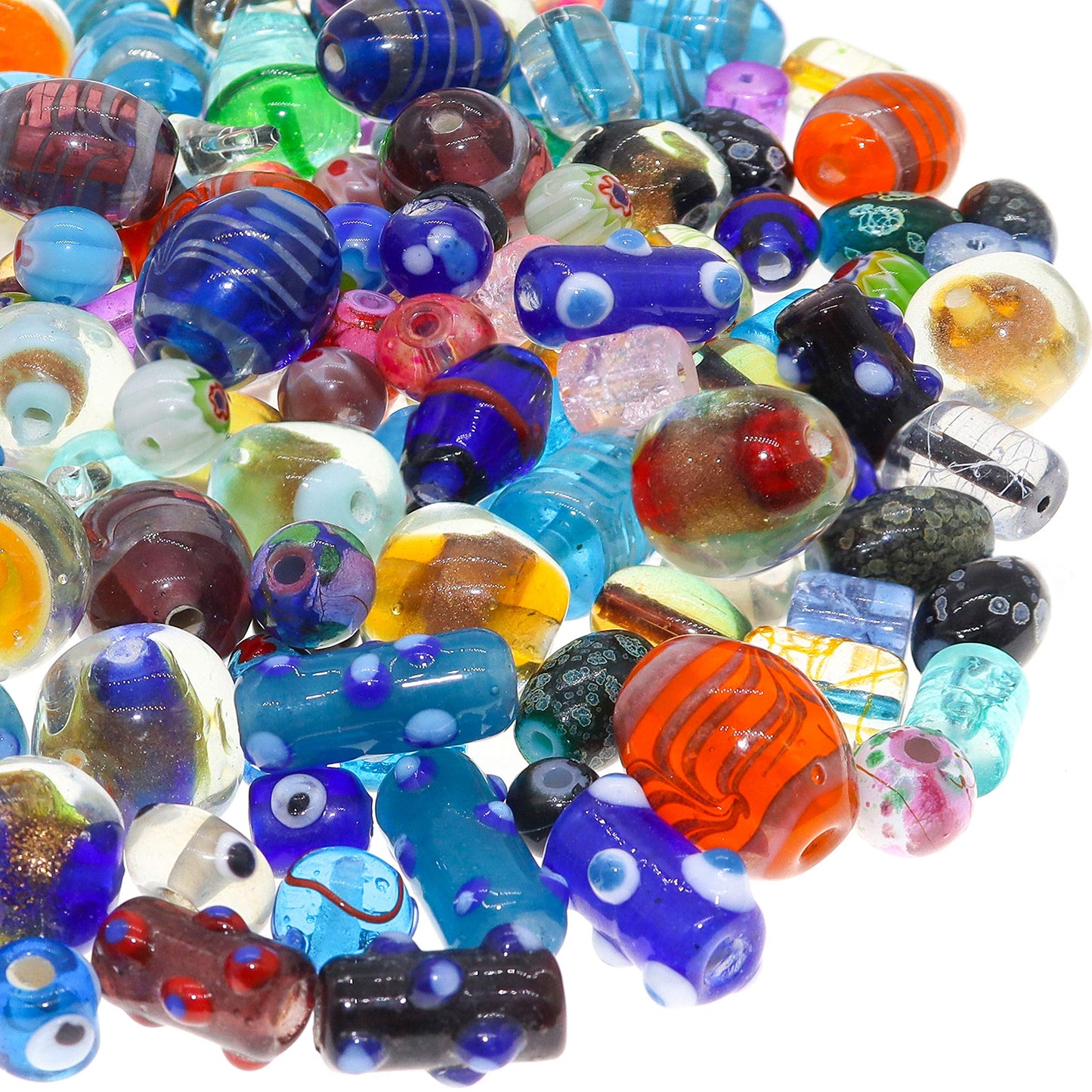 Fun-Weevz Assorted Glass Beads for Jewelry Making Adults, Bulk Glass Beads for Crafts, Lampwork Murano Bead Mix for Bracelets and Necklaces, Crafting Beads Supplies Kit, Large & Small Beads