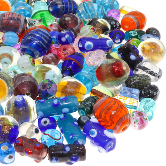 Fun-Weevz Assorted Glass Beads for Jewelry Making Adults, Bulk Glass Beads for Crafts, Lampwork Murano Bead Mix for Bracelets and Necklaces, Crafting Beads Supplies Kit, Large & Small Beads