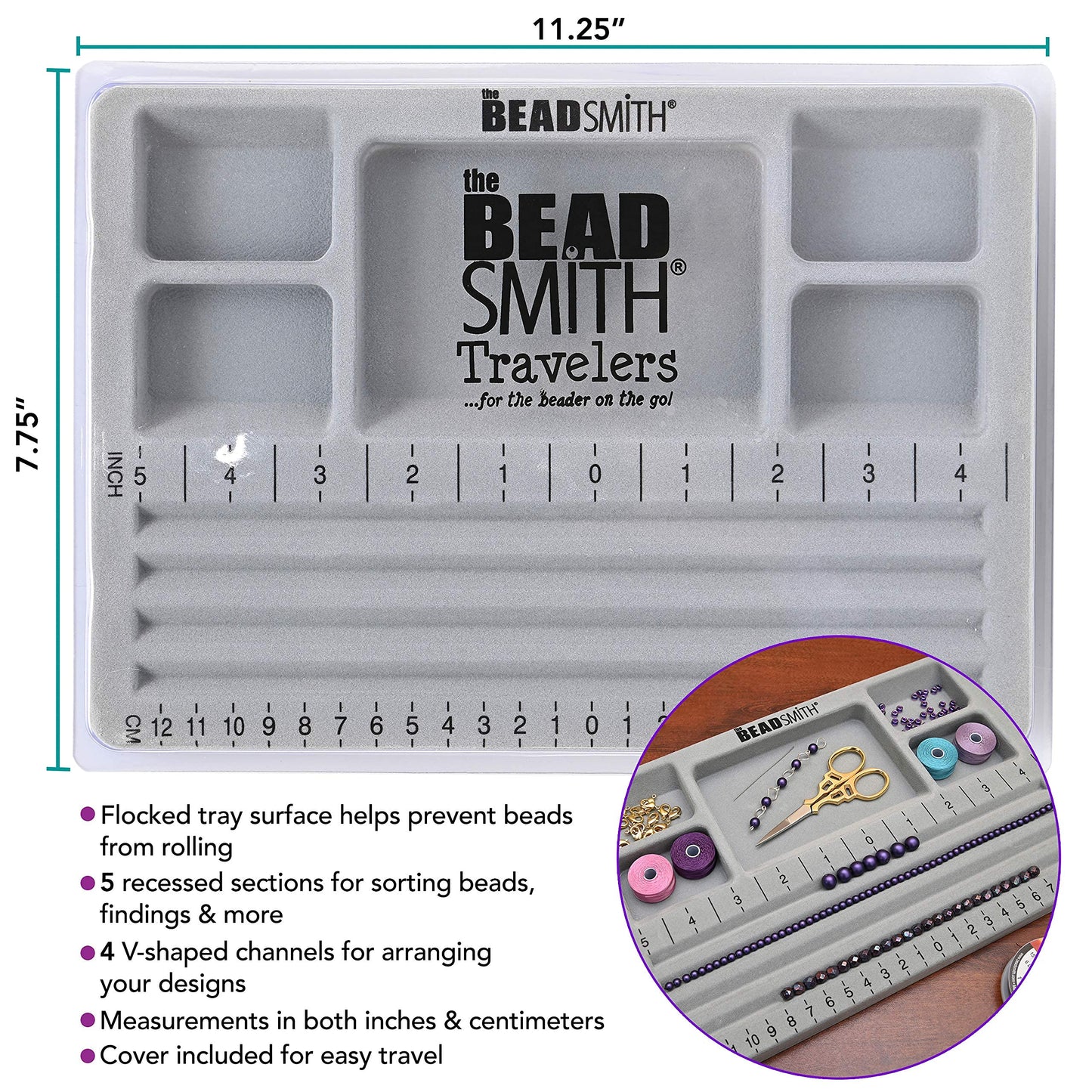 The Beadsmith Mini Bead Board, Grey Flocked, 4 Straight Channels, 5 Recessed Compartments, 7.75 x 11.25 inches, design boards for creating bracelets, necklaces and other jewelry