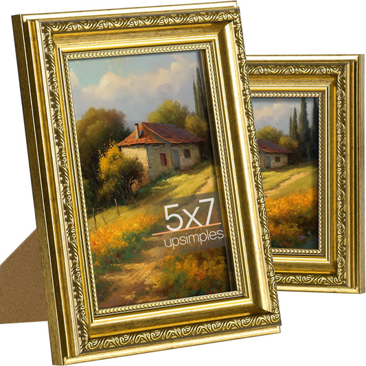 5x7 Picture Frame with Real Glass, Ornate Vintage 5 x 7 Photo Frames for Wall Decor or Tabletop Display, Gold, 2 Pack