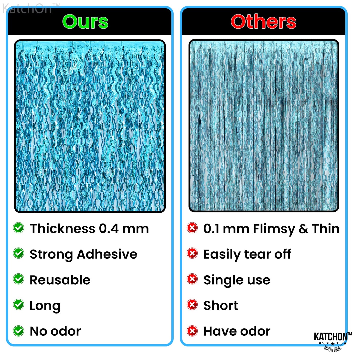 KatchOn, XtraLarge, Wavy Blue Foil Fringe Curtain - 3.2x6.5 Feet, Pack of 2 | Blue Water Beach Backdrop for Beach Party Decorations | Under The Sea Party Decorations | Summer Pool Party Decorations