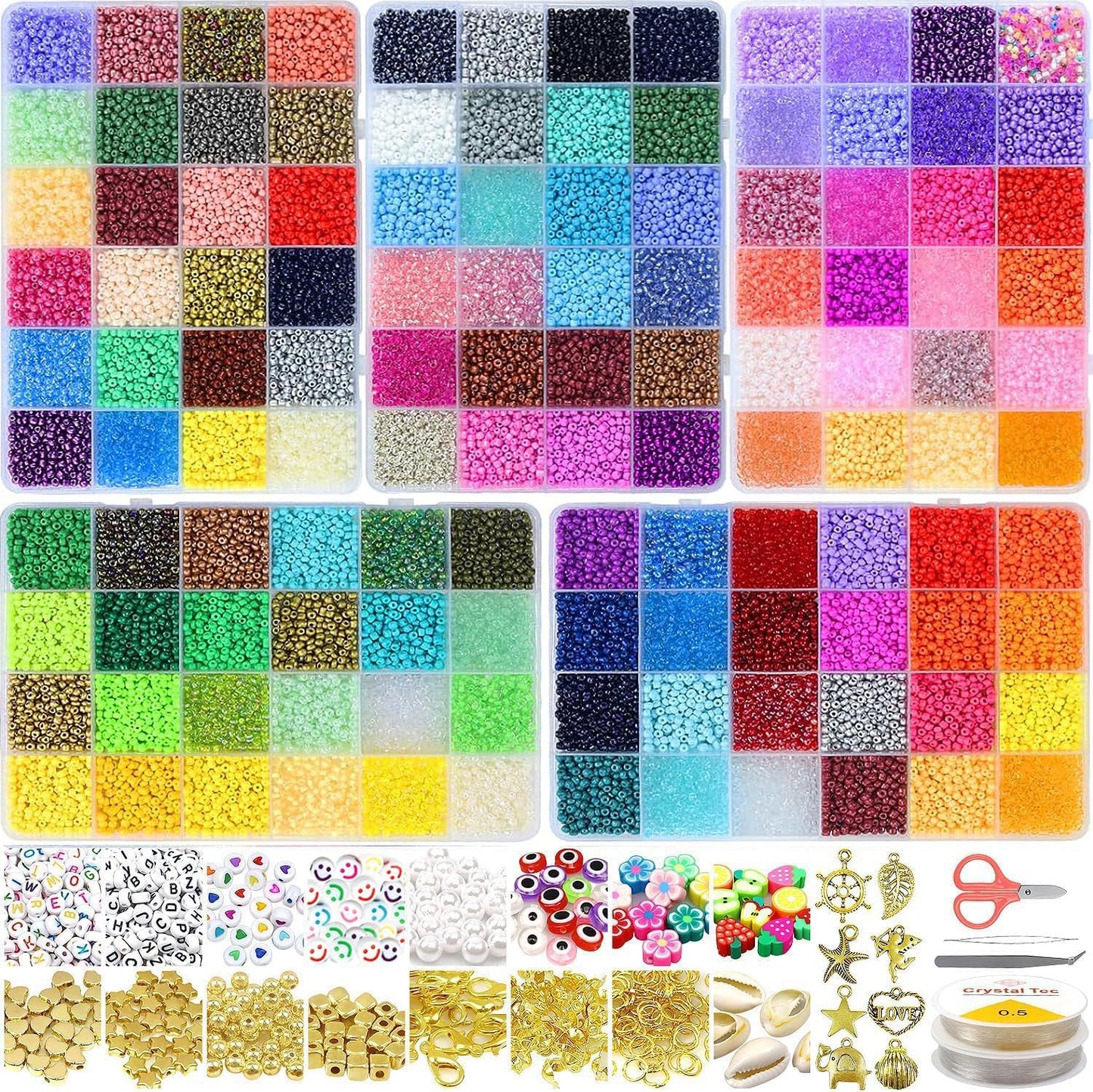 32400pcs Glass Seed Beads for Jewelry Making Kit, 120 Colors 3mm Small Beads Kit Bracelet Beads with Letter Evil Eye Beads Jump Rings & Charms Pendants for Bracelets Making, DIY, Art and Craft