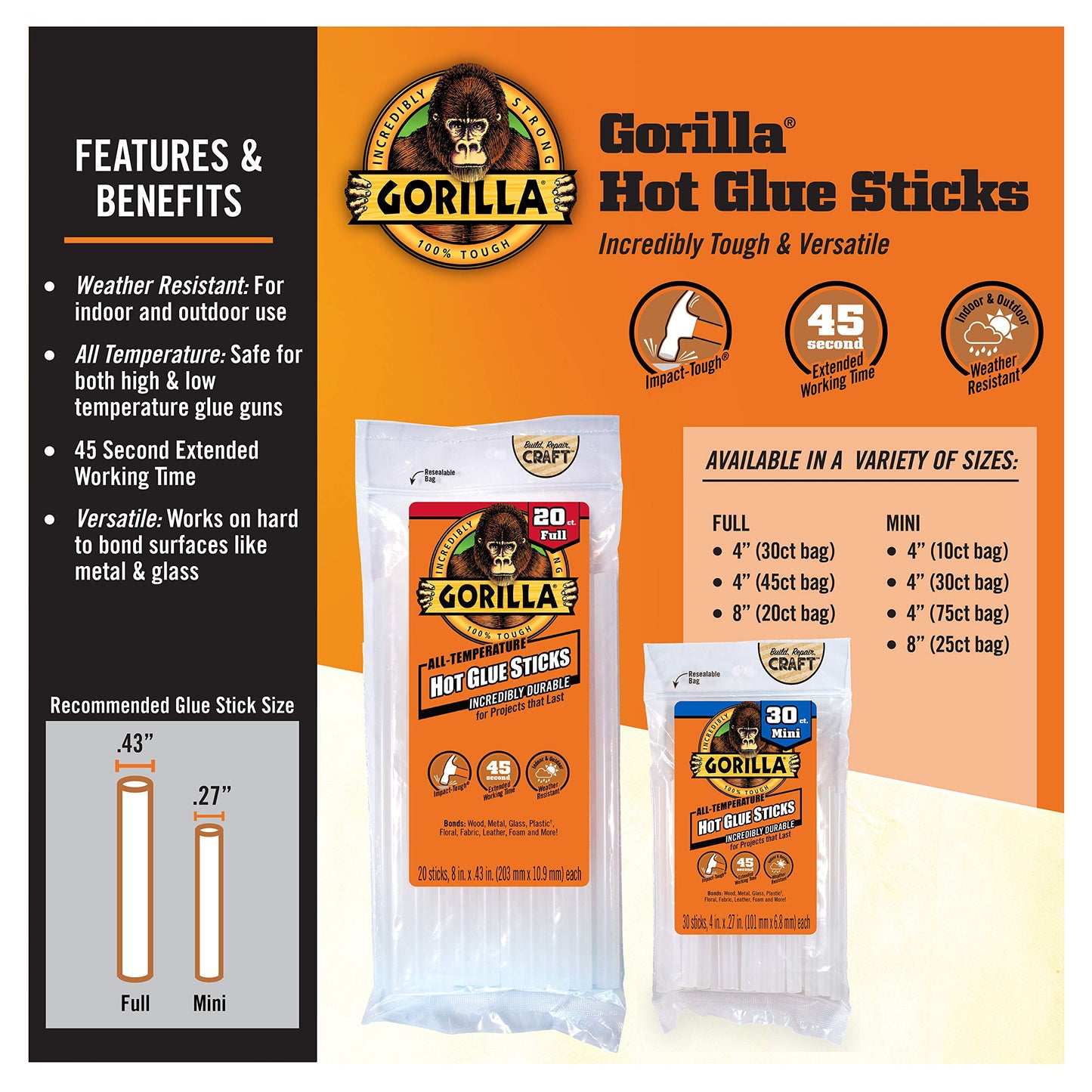 Gorilla Hot Glue Sticks, Full Size, 4" Long x .43" Diameter, 45 Count, Clear, (Pack of 1)