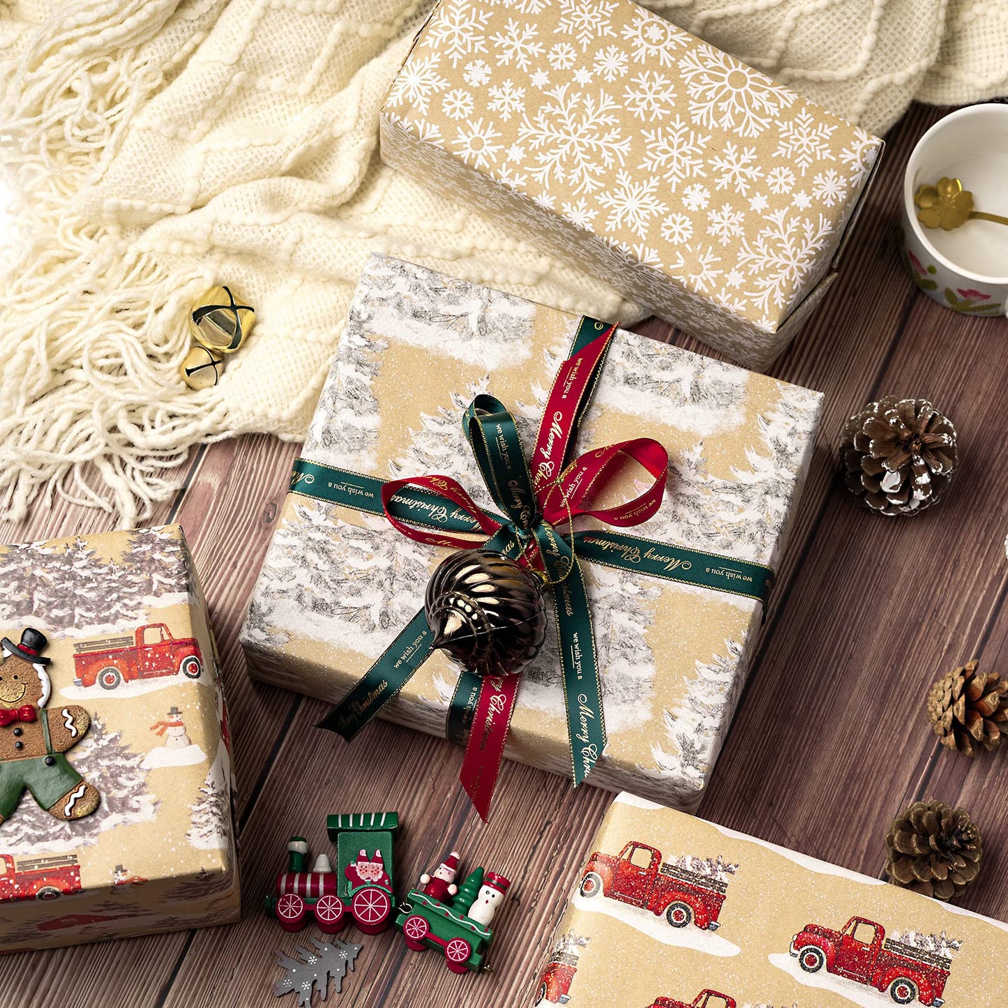 Christmas Wrapping Paper, Kraft Paper - Snowflake, Snowman, Red Truck and Christmas Tree - 4 Rolls - 30 inches x 10 feet per Roll
