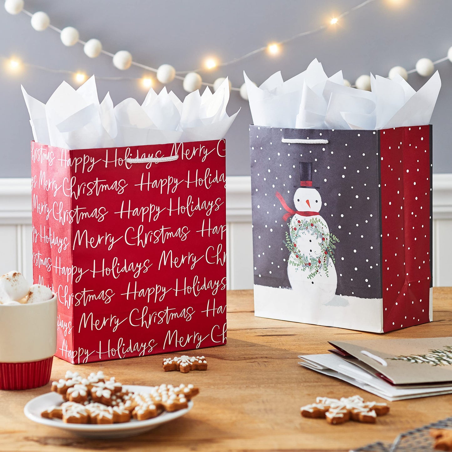 9" Medium Christmas Gift Bags (4 Bags: Snowy Tree, Rustic Farmhouse, Snowman, "Merry Christmas") in Gray, Red, White, Brown