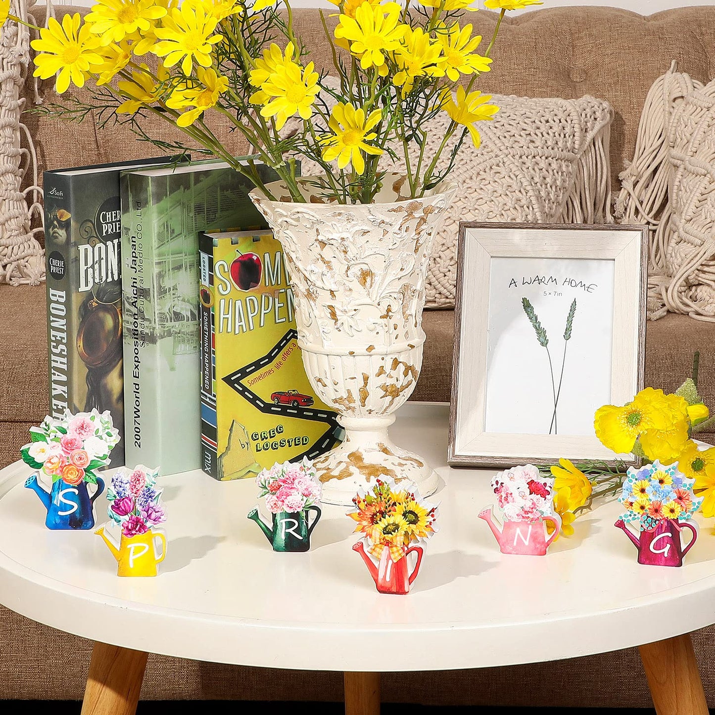 6 Pieces Spring Wood Block Signs Wooden Tabletop Spring Decor Flowers Decor Tiered Tray Decorations Watering Can Table Centerpiece Wall Pediments for Home Farmhouse Tabletop