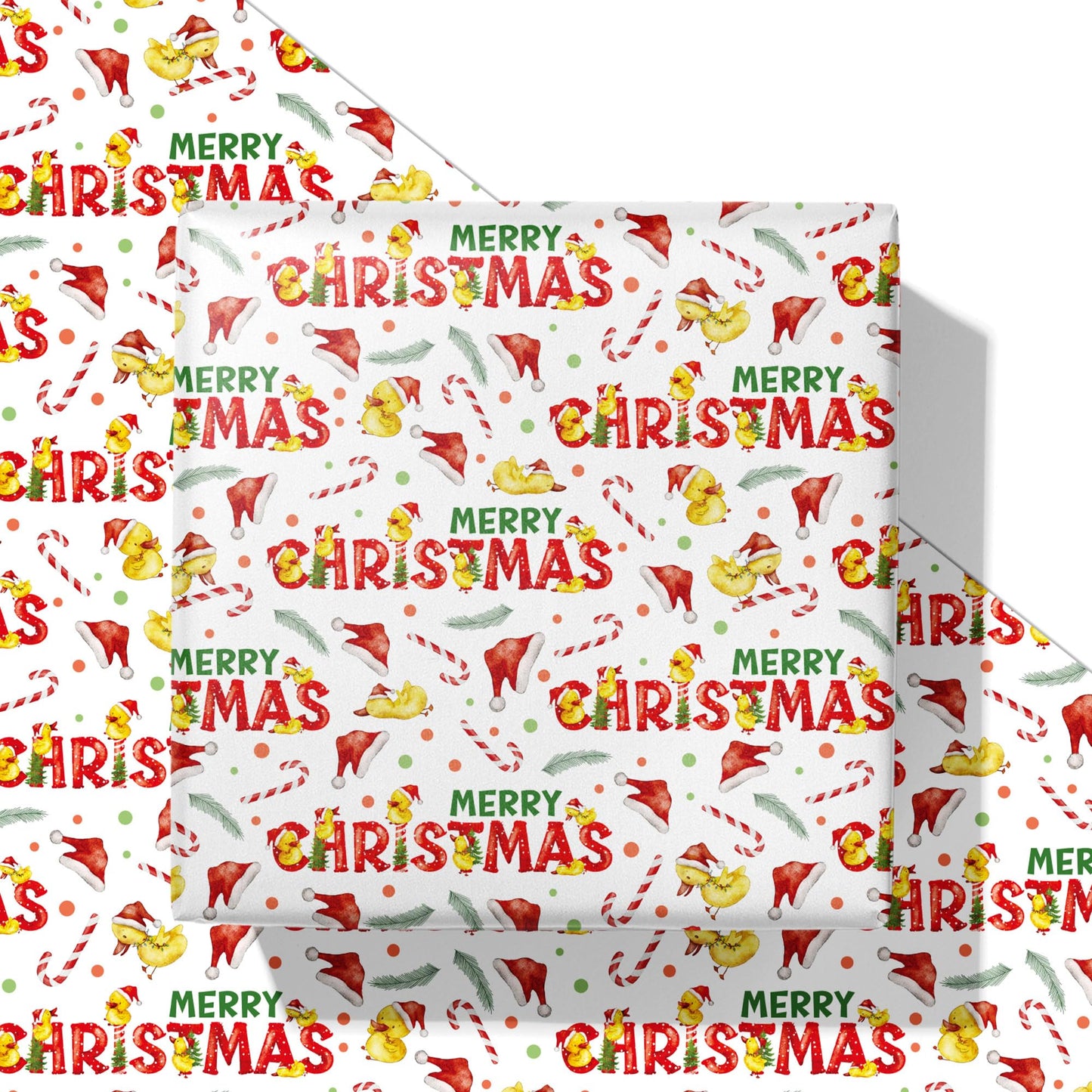 Christmas Duck Wrapping Paper - Funny Xmas Gift Wrap with Santa Hats, Candy Canes, Yellow Ducks and MERRY CHRISTMAS for Kids Boys Girls - 40×28 Inches, 4 Folded Sheets