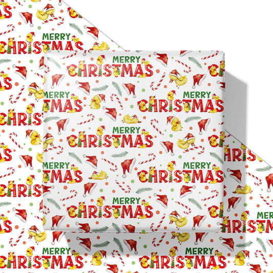 Christmas Duck Wrapping Paper - Funny Xmas Gift Wrap with Santa Hats, Candy Canes, Yellow Ducks and MERRY CHRISTMAS for Kids Boys Girls - 40×28 Inches, 4 Folded Sheets
