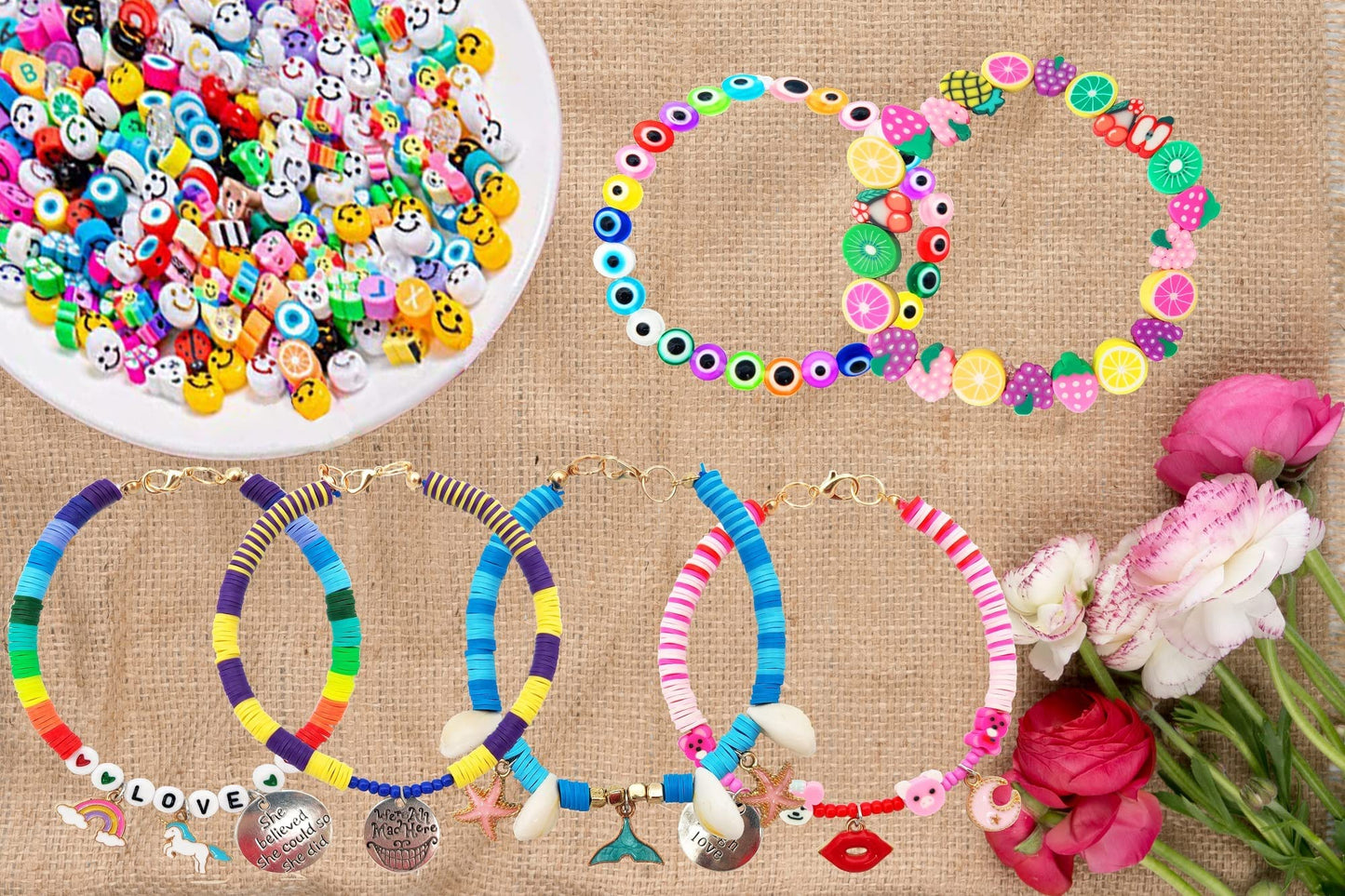 Clay Beads Bracelet Making Kit,Flat Round 6mm Clay Beads for Jewelry Making with Pendant Charms Kit,Art Crafts Gift Sets for Girls Ages 3 4 5 6 7 8 9 10 11 12