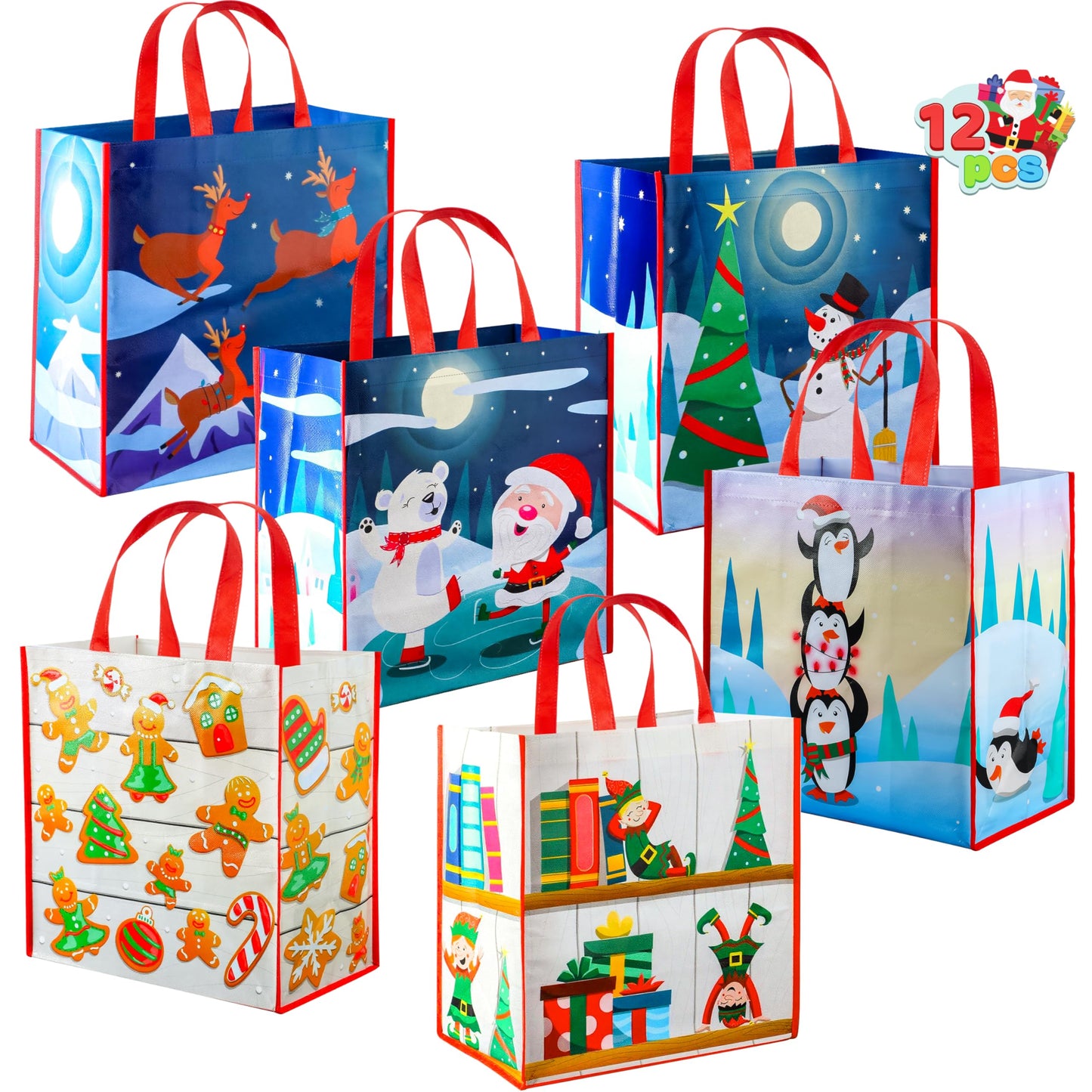 12 PCS Christmas Large Gift Bags with Handles 13.75" x 14", Non-Woven Tote Bag for Wrapping Xmas Party Favors, Reusable Grocery Bags, Party Supplies