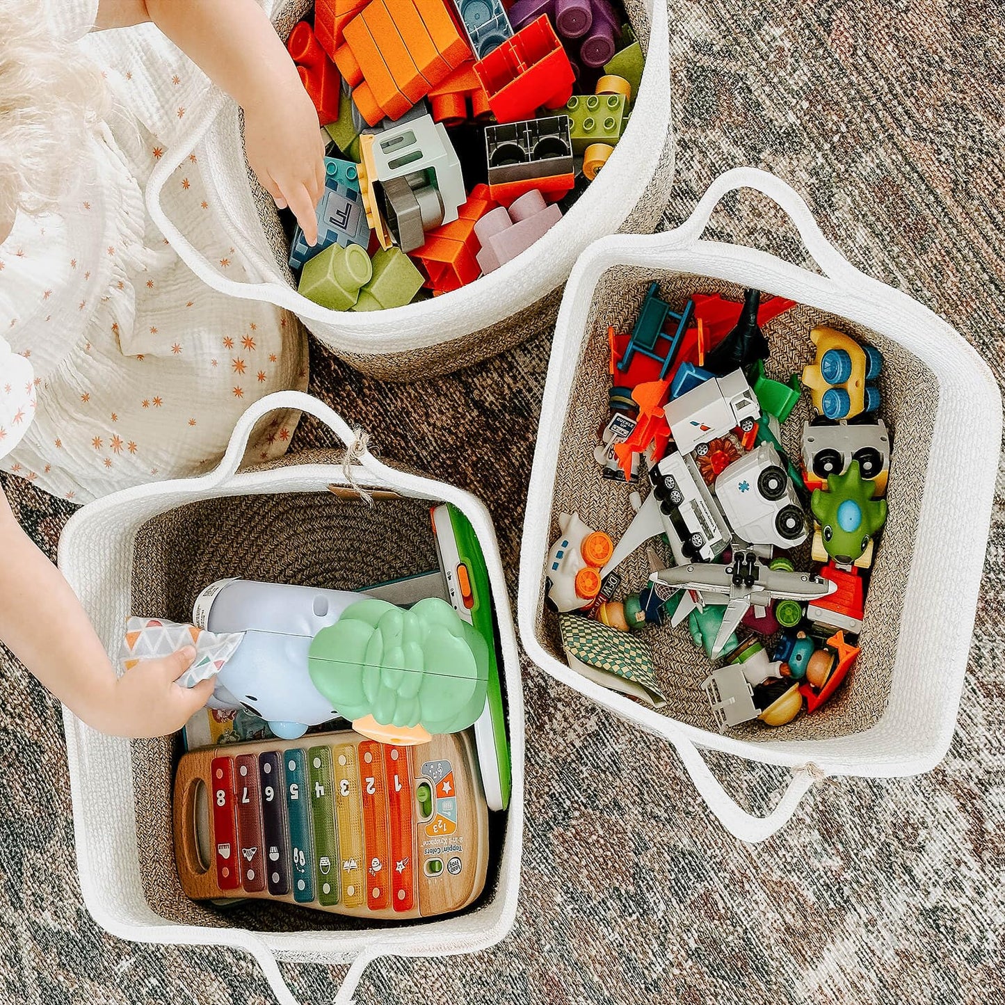Goodpick Woven Storage Basket for Shelves, Cotton Rope Dog Toy Bin, Empty Gift Basket with Handles, Square Baskets for Storage, Brown and White Storage Bin, 13 x 10 x 9 Inches