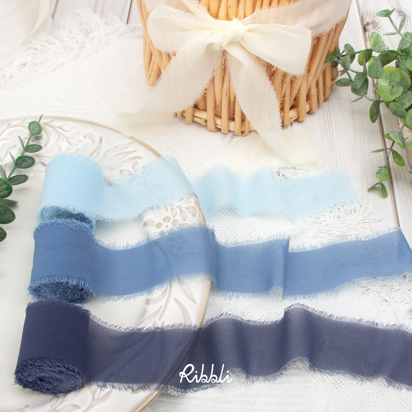 4 Rolls Dusty Blue Chiffon Ribbon Set,Handmade Fringe Silk Ribbon Gauze,1.5 in x 5Yd Each,Ivory/Pastel Blue/Dusty Blue/Dark Blue Ribbon for Wedding Invitations, Bridal Bouquets Wrapping