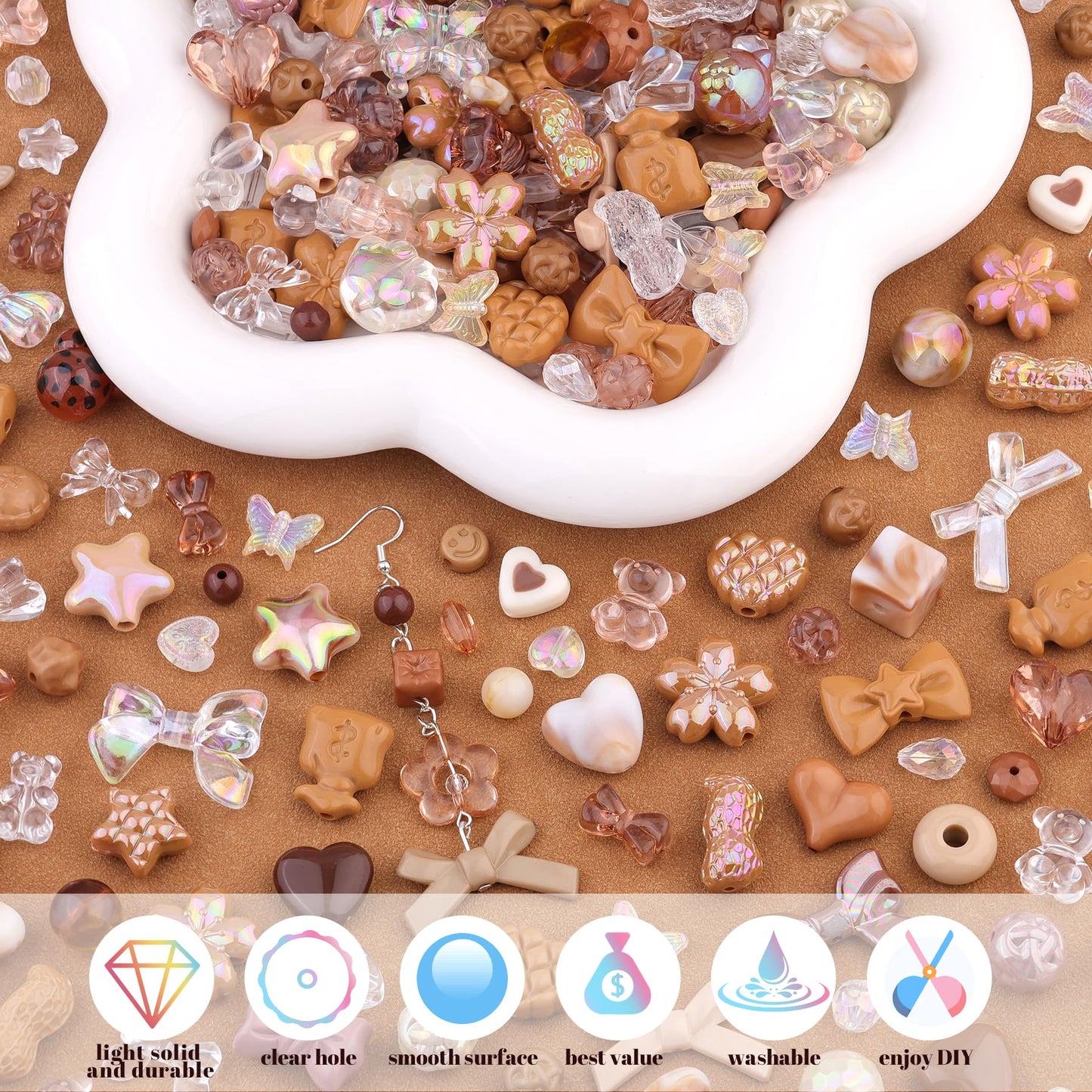 TINKRSTUFF Assorted 170-230PCS Brown Acrylic Beads for Bracelet Making, Flower Bow Butterfly Candy GummyBear Aesthetic Bracelet Charms,Cute Beads for Jewelry Making DIY Necklace Keychain Phone Charm