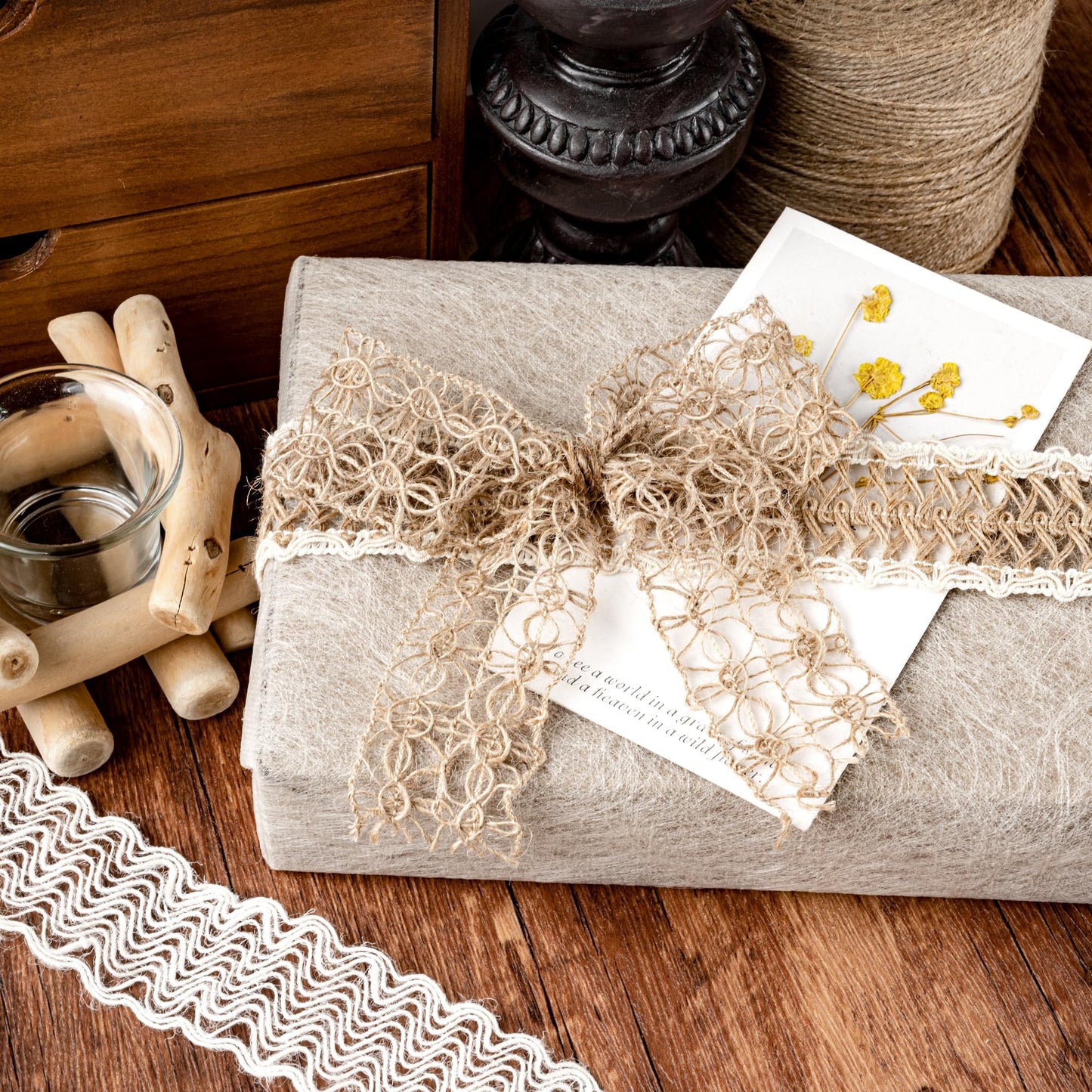 8 Packs Jute Ribbon Natural Burlap Ribbon Roll with Lace Craft Ribbons and Trims Decorative Twine for DIY Arts and Crafts Wrapping Wedding Christmas Party (Lacy)