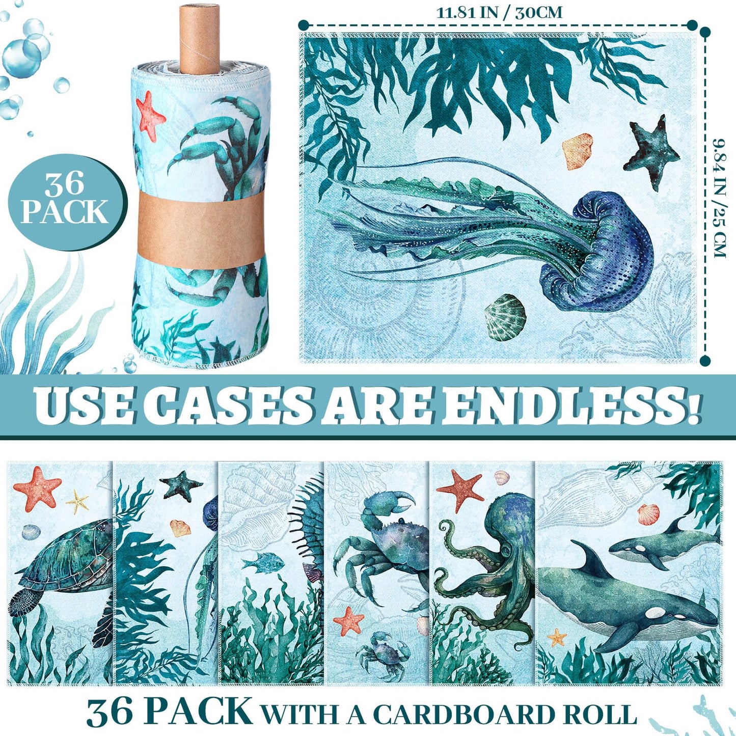 36 Pack Sea Animals Reusable Cleaning Cloths Washable Cotton Kitchen Towels for Home (Blue)