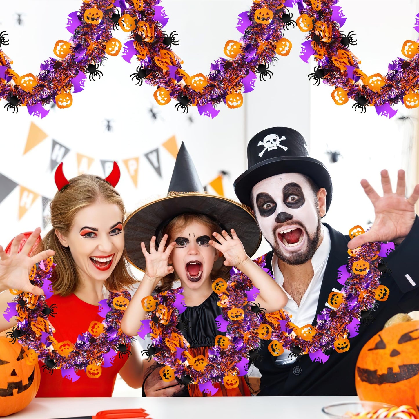 Halloween Decorations,50 FT Halloween Tinsel Garland with Orange Pumpkin Black Spider Purple Bat, Shiny Metallic Twist Garland for Home Tree Indoor Outdoor Party Decorations