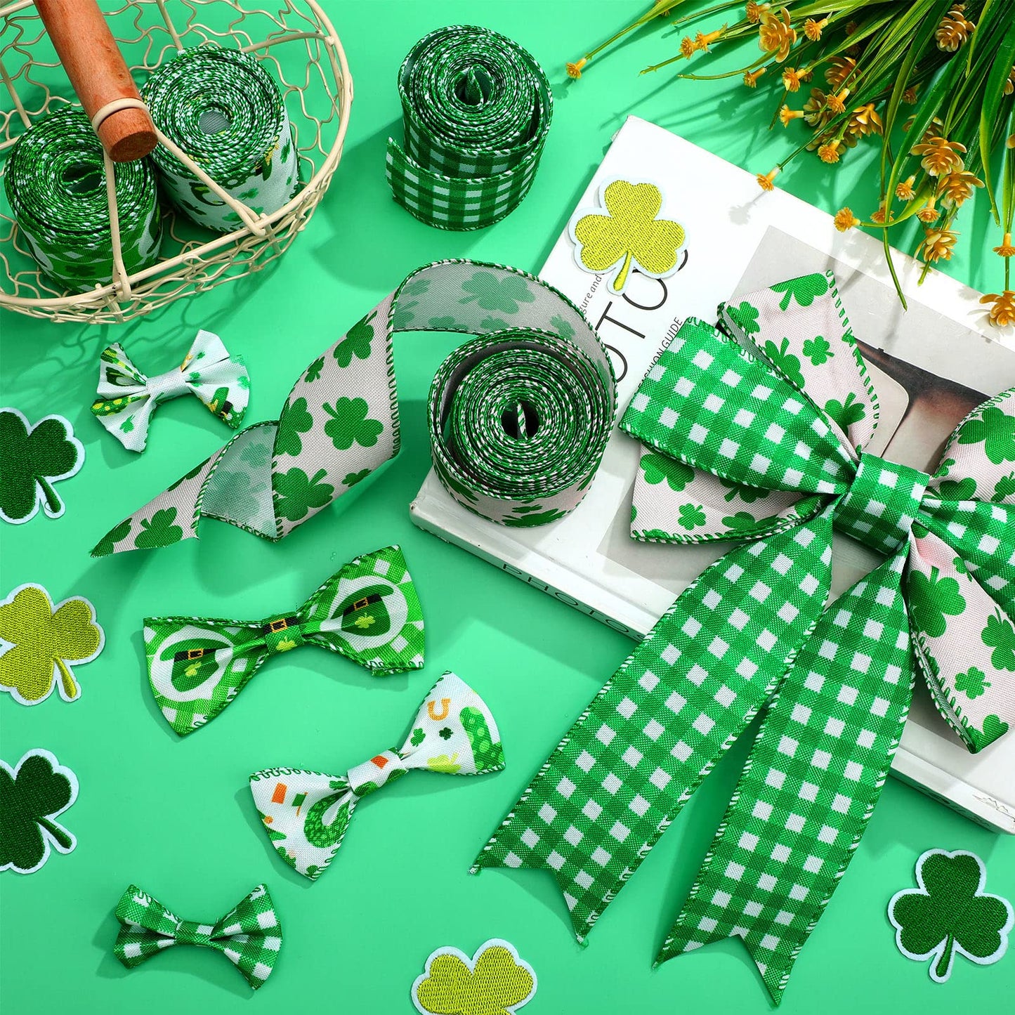 6 Rolls 30 Yards St. Patrick's Day Ribbon Wired Buffalo Plaid Checkered Craft Irish Green Shamrock Truck Fabric Ribbon for Party DIY Crafts 2 Inch (Shamrock)