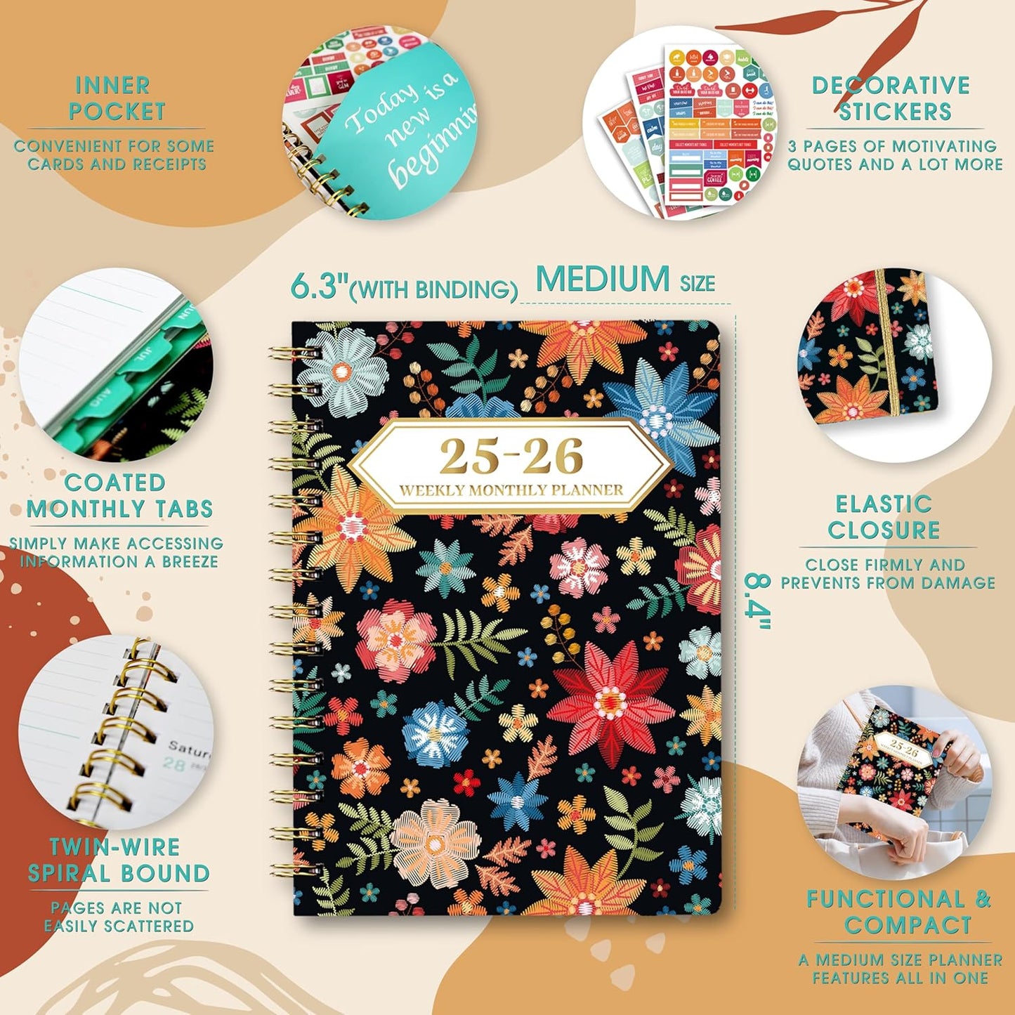 2025-2026 Planner, 12-Month Daily Weekly Monthly Planner from JUL.2025 to JUN.2026, 8.4" X 6", Spiral Notebook with Stickers, Elastic Closure, Inner Pocket for Office School Supplies