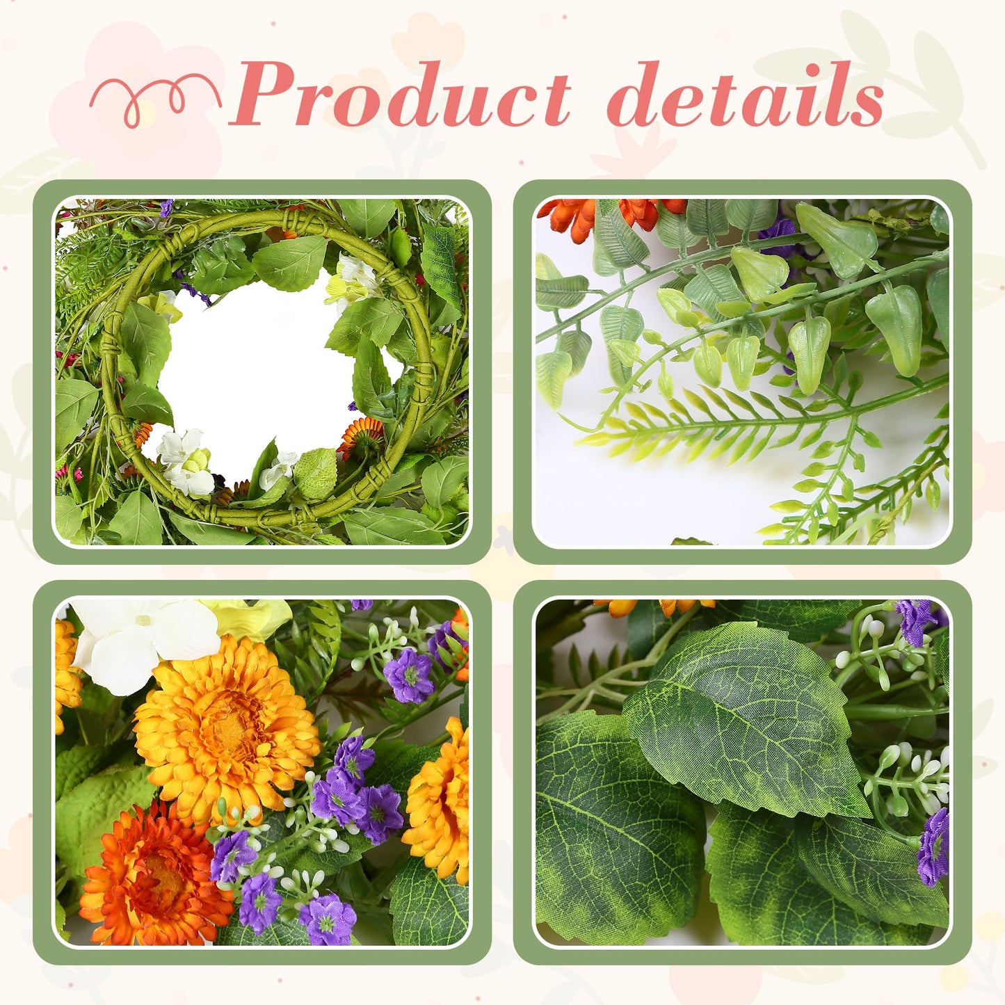 YNYLCHMX 18" Spring Summer Wreaths for Front Door, Artificial Floral Wreath with Daisy Flowers Green Tea Leaves, Green Foliage Wreath for Wall Window Farmhouse Party Holiday Home Decor