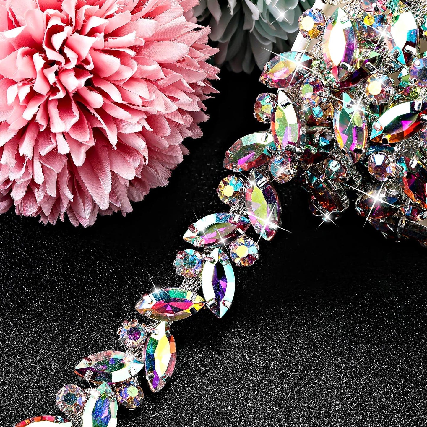 BBTO Rhinestone Chain Trim Applique Embellishment Crystal Wedding Bridal Costume Flower Leaf Chain Sewing Bling Trim for Jewelry DIY Necklace Bags Parties(3 Yards,AB)