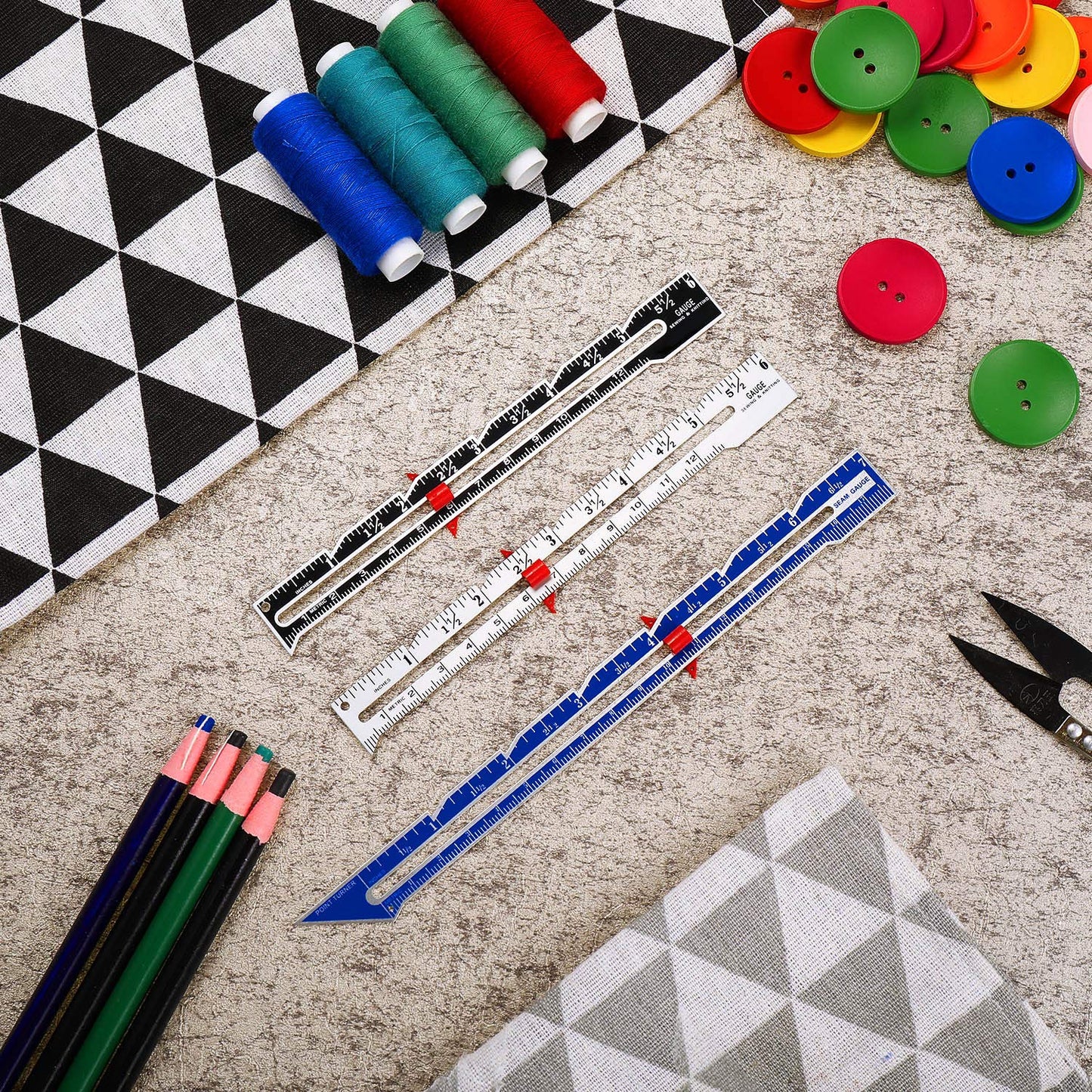 3 Pieces Sewing Gauge Sewing Measuring Tool Metal Sliding Gauge Fabric Quilting Ruler Seam Measuring Gauge for DIY Fabric Crafts Quilting Knitting Sewing Hemming Measuring Supplies, 3 Styles