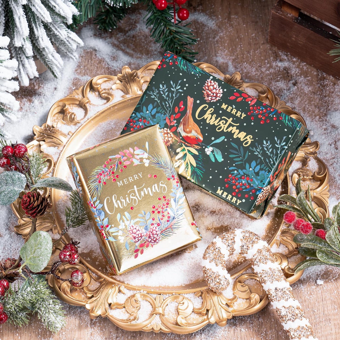 Christmas Wrapping Paper Roll - Mini Roll - 3 Rolls - 17 Inch x 120 Inch Per Roll - Bird, Christmas Garland, Holly and Pinecones Holiday Design with Metallic Foil Shine