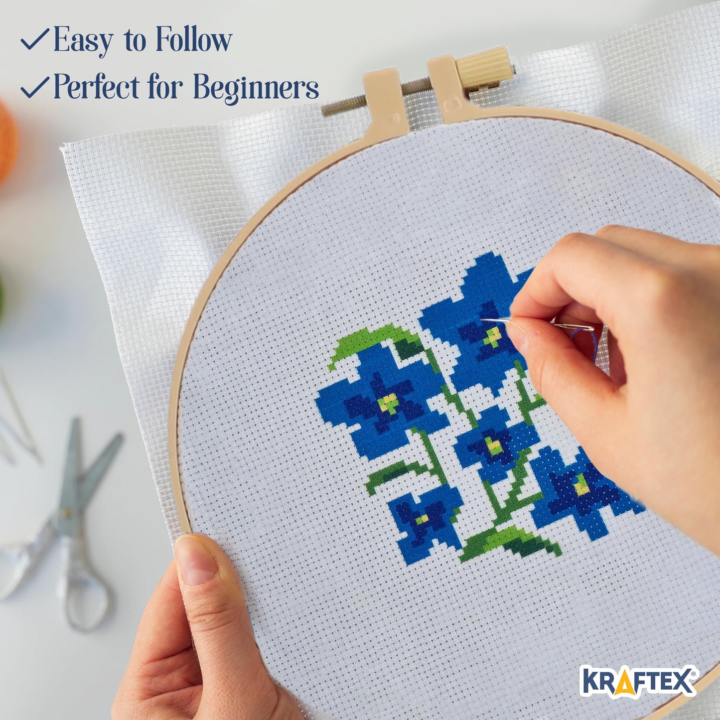 Floral Stamped Cross Stitch Kits for Beginners - 3 Pack. DIY Embroidery Needlepoint Patterns for Adults and Kids. Easy Cross Stitch Kits for Beginners (Blue Flowers, Forget Me Not & Fuschia)