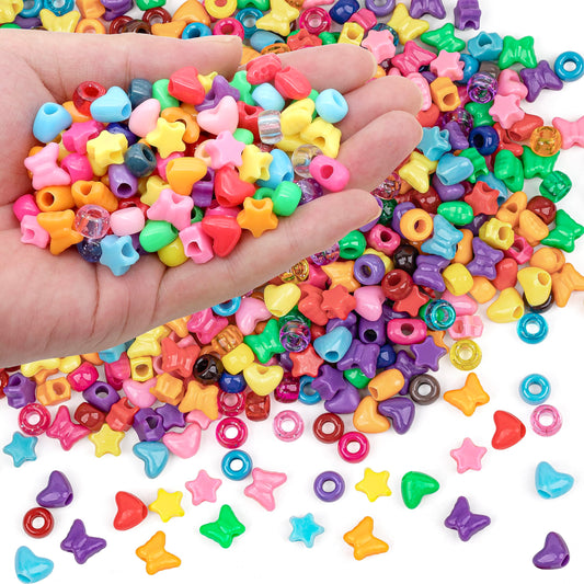 GMMA 900 Pcs Pony Beads Shapes Multi-Colored Plastic Heart Star Beads Bulk Rainbow Beads for Friendship Bracelets Pony Beads for Hair,DIY Bracelet Necklace Jewelry Making Supplies(Mixed Type)
