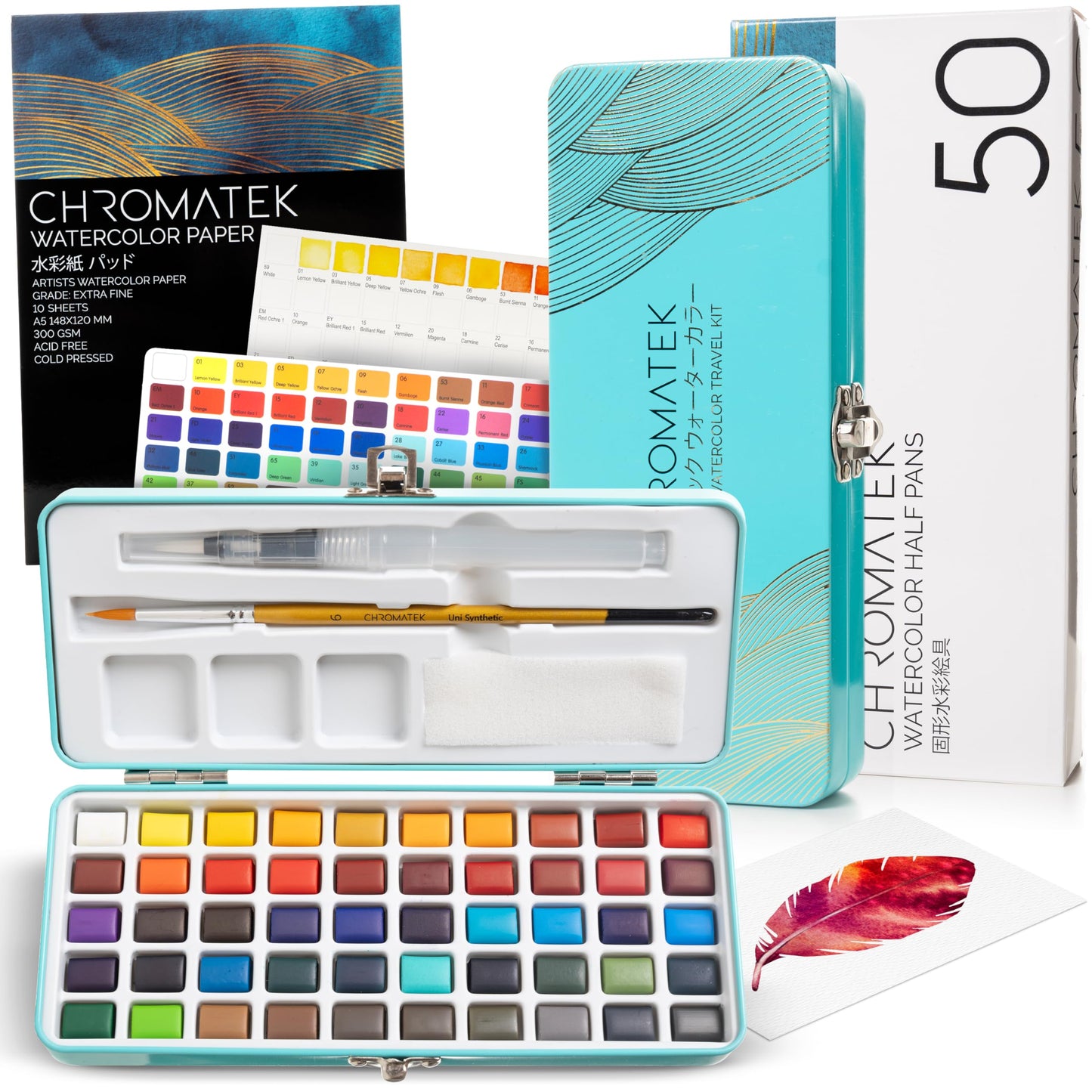 Watercolor Paint Set, 50 Vivid Colors, Water Color Paper Pad, Brush, Aqua Pen, Palette, Color Chart, Swatch Sheets & Metal Travel Case, Premium All-In-One Art Travel Kit Art Supplies