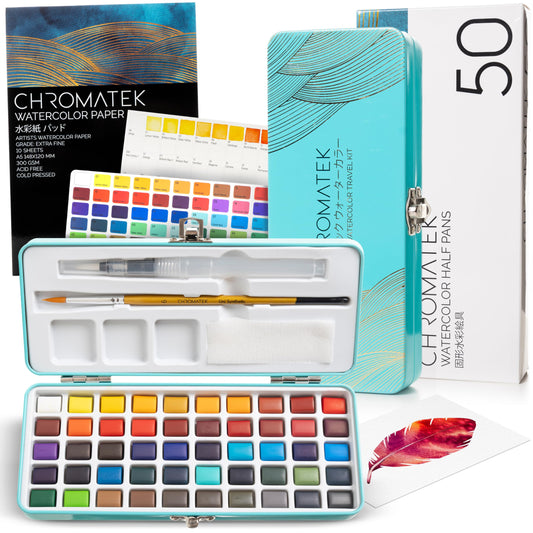 Watercolor Paint Set, 50 Vivid Colors, Water Color Paper Pad, Brush, Aqua Pen, Palette, Color Chart, Swatch Sheets & Metal Travel Case, Premium All-In-One Art Travel Kit Art Supplies