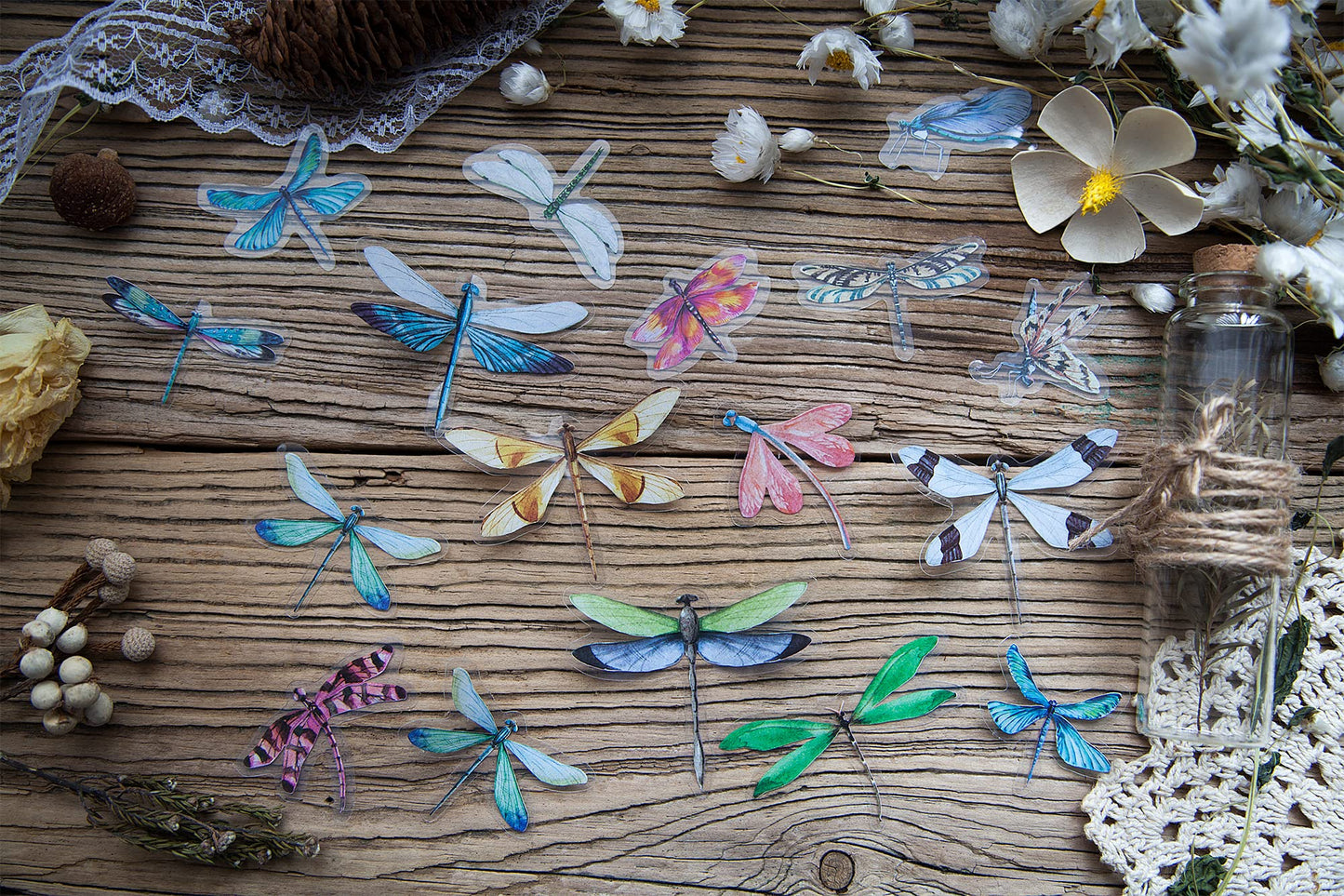 Knaid Butterfly Dragonfly Insects Stickers Set (240 Pieces) - PET Transparent Waterproof Decorative Decals for Scrapbook DIY Crafts Album Bullet Journal Planner Water Bottles Phone Cases Laptops