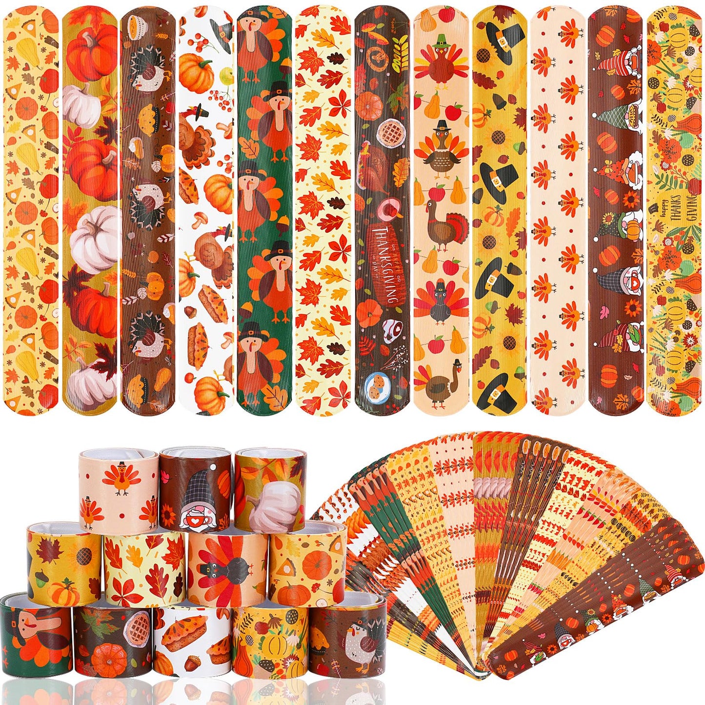 Thanksgiving Slap Bracelets, 56 Pcs Thanksgiving Gifts for Kids Autumn Maple Leaf Turkey Pumpkin Snap Bracelets Wristbands for Fall Party Favors Decorations Student Classroom Prizes