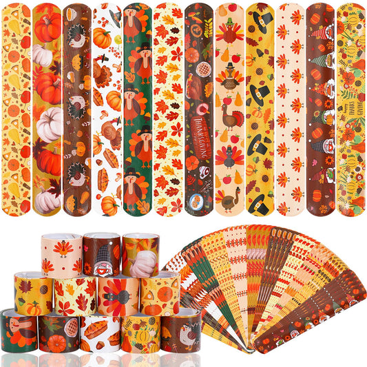 Thanksgiving Slap Bracelets, 56 Pcs Thanksgiving Gifts for Kids Autumn Maple Leaf Turkey Pumpkin Snap Bracelets Wristbands for Fall Party Favors Decorations Student Classroom Prizes