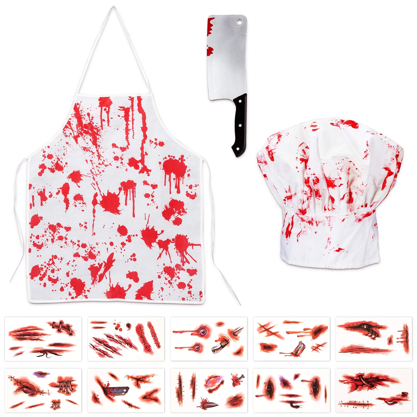 13Pieces Halloween Bloody Butcher Costumes Scary Set - Cooking Chef Apron Hat Weapon Knife Tattoo Stickers Zombie Party Accessories Decorations
