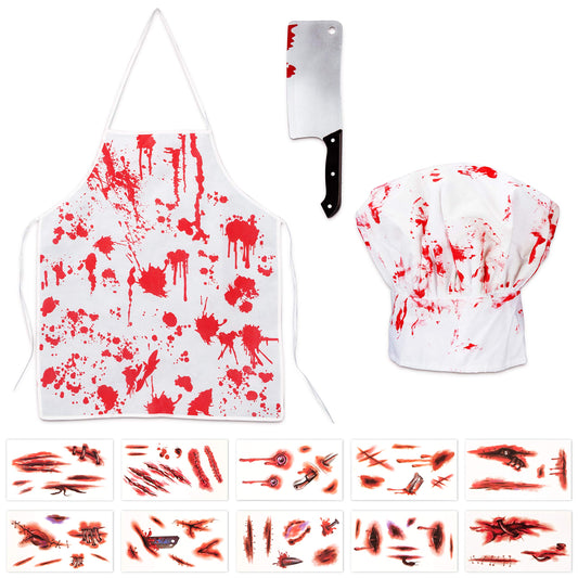 13Pieces Halloween Bloody Butcher Costumes Scary Set - Cooking Chef Apron Hat Weapon Knife Tattoo Stickers Zombie Party Accessories Decorations