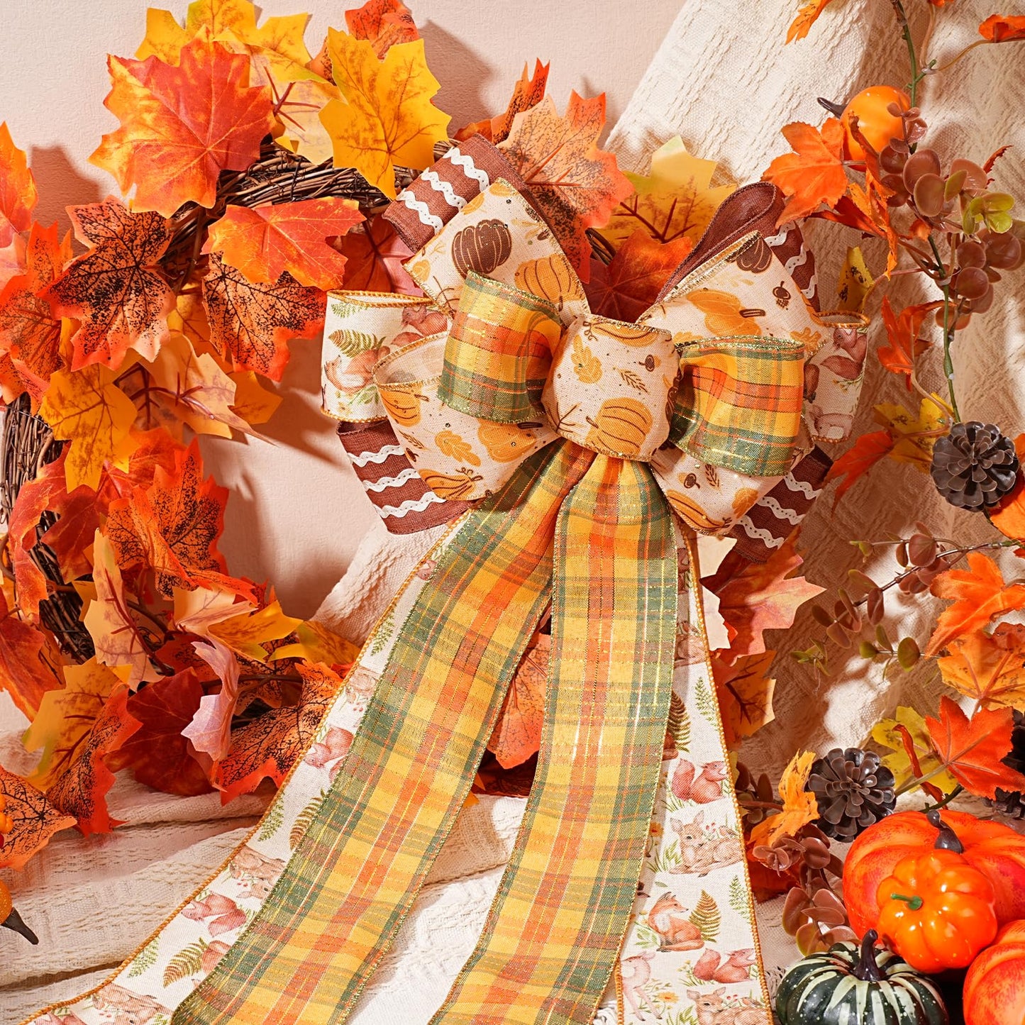 LaRibbons Fall Burlap Plaid Ribbon Wired 2 1/2" x 6 Yards 4 Rolls, Animal Park Ribbon for Autumn Wreath Thanksgiving Christmas Farm Gift Wrapping Home Decor