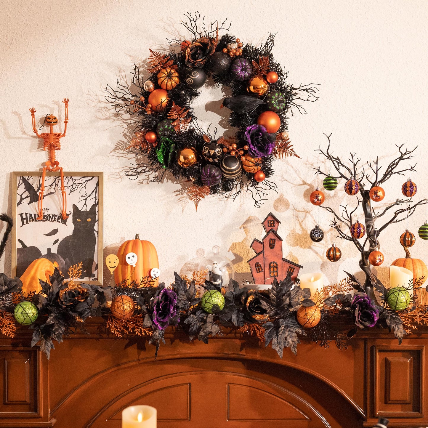 Valery Madelyn Halloween Garland with Lights, 6 Feet Pre-Lit Orange Purple Roses Black Maple Leaves Green Ball Ornaments Garland Decorations for Indoor Table Centerpiece Mantle Party Holiday Decor