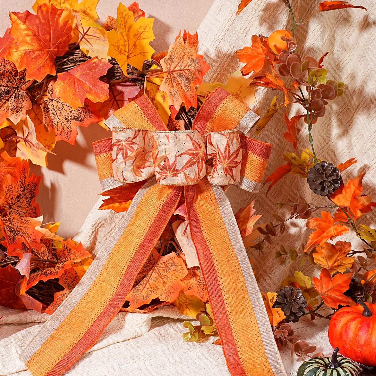 LaRibbons Fall Burlap Ribbon Wired 2 1/2" x 10 Yards 2 Rolls, Maple Leave Striped Ribbon for Autumn Wreath Thanksgiving Farm Gift Wrapping Home Decor