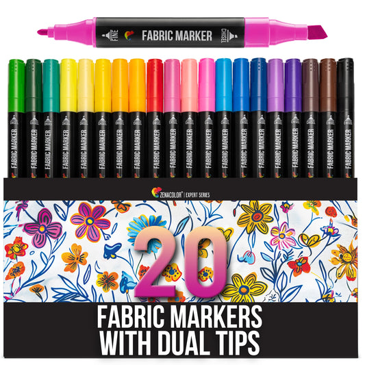 Zenacolor 20 Fabric Markers with Dual Tips - Vibrant Colors Fabric Markers Permanent for Clothes - Fine and Chisel Point Fabric Paint Markers