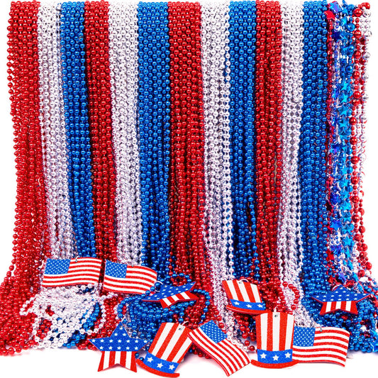 100PCS 4th of July Accessories Necklaces: Blue White and Red Beads Bulk, Patriotic Party Independence Memorial Day Favors Toys Decorations