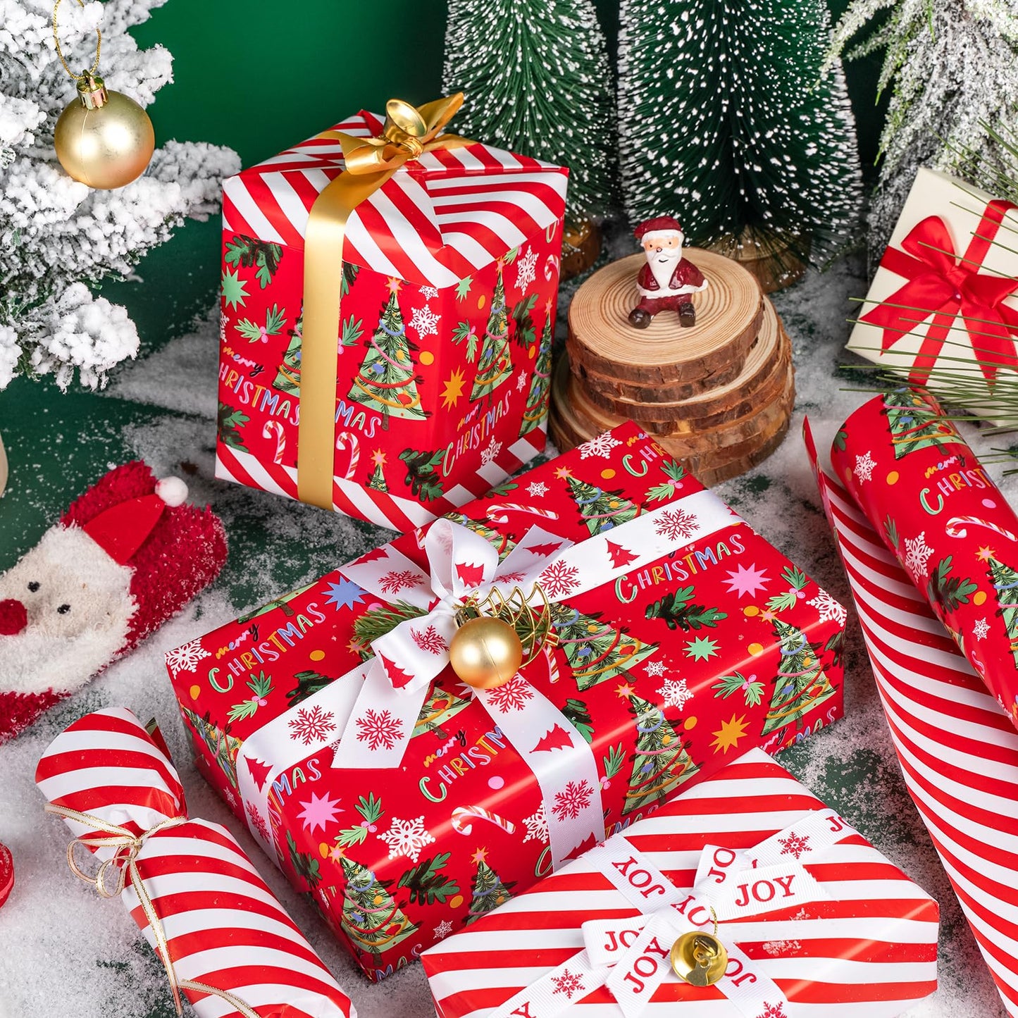 Reversible Christmas Wrapping Paper - Mini Roll - 17 Inch x 33 Feet - Red Christmas Tree Wrapping Paper and Stripe Design for Holiday, Party Celebration
