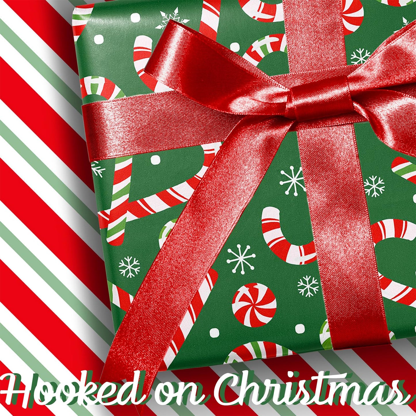 Reversible Green Christmas Wrapping Paper Roll, Classic Candy Cane & Red Striped Gift Wrap for Christmas, Holiday, Winter Party, 17 Inch x 33 Feet