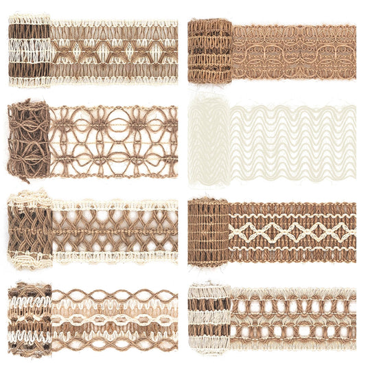 8 Packs Jute Ribbon Natural Burlap Ribbon Roll with Lace Craft Ribbons and Trims Decorative Twine for DIY Arts and Crafts Wrapping Wedding Christmas Party (Lacy)